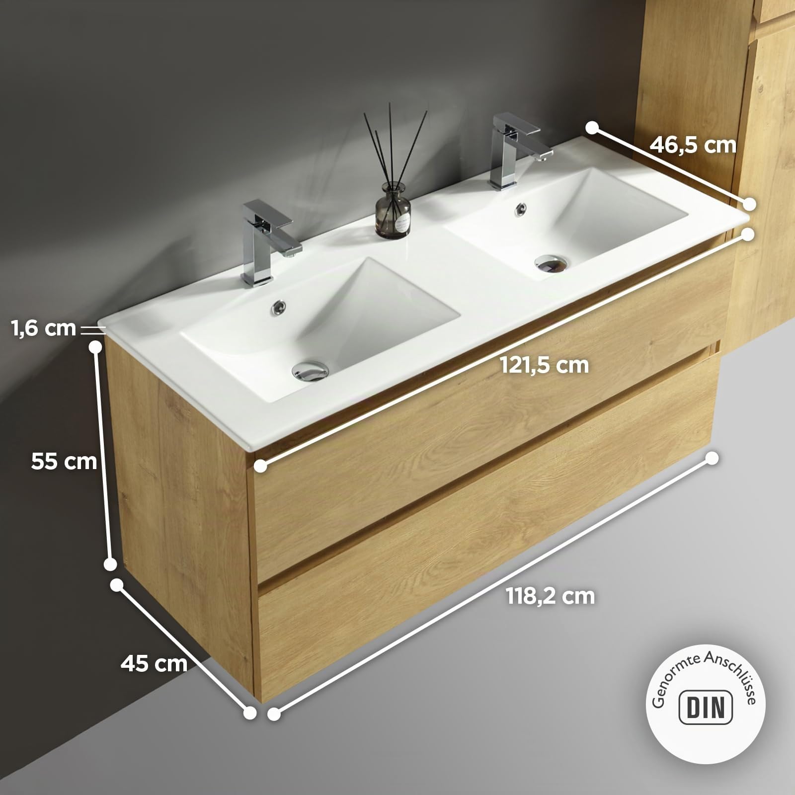 Alpenberger Waschtisch mit Unterschrank 120 cm Breit | Badezimmerschrank Badezimmermöbel Doppelwaschbecken | Waschbeckenunterschrank mit Waschbecken | Doppelwaschtisch (Vivento 120 Eiche Natur)