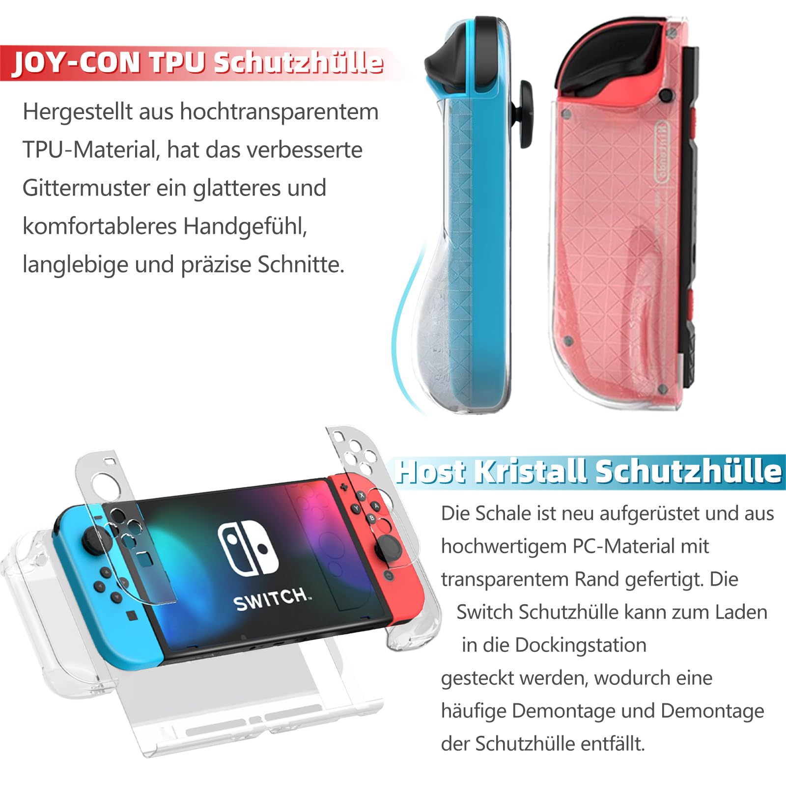 18 in 1 Switch Zubehör Für Nintendo Switch Spiele, Inklusive Gehäuse, Bildschirmschutz, Joycon-Griffe und Räder zur Spielerfahrungsoptimierung.