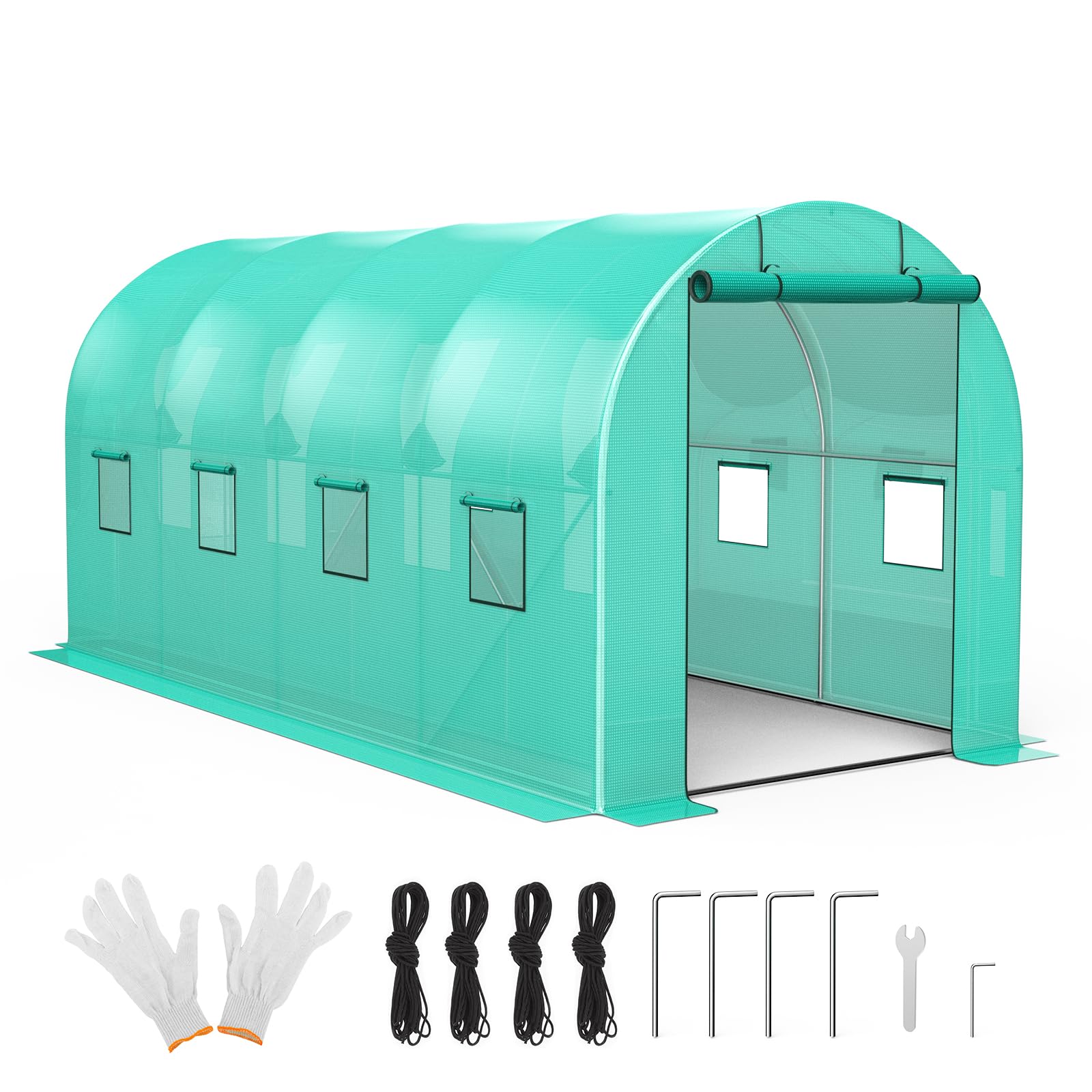 Invernadero túnel de jardinería - 15x7x7 pies con Estructura galvanizada - Cubierta PE Verde Resistente, Puerta Enrollable y 8 Ventanas con Malla - Ideal para Cultivo al Aire Libre /