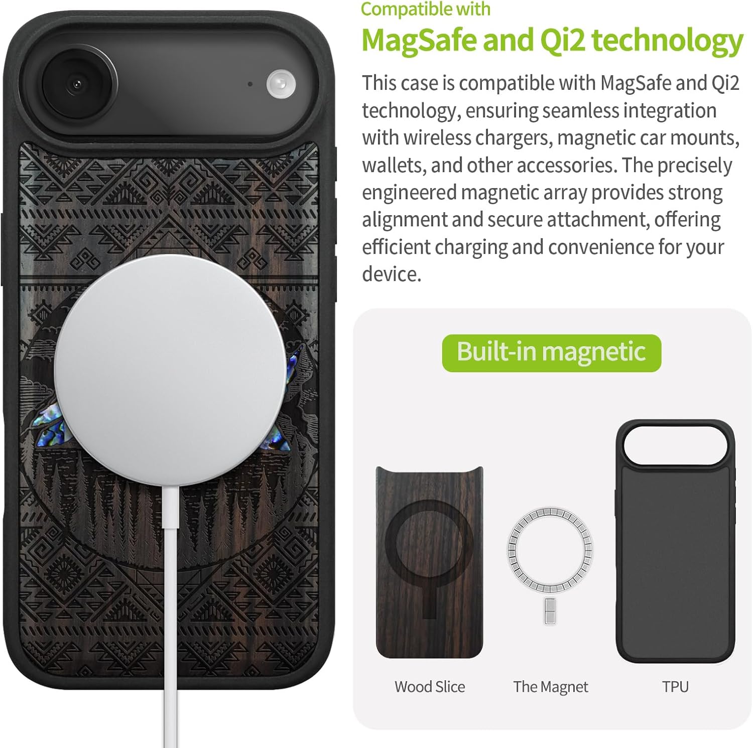 Carveit Magnetic Case for iPhone Air Case, Wood Artisan Engraved & Handmade Shell Inlaid, TPU Shockproof Cover, Compatible with MagSafe 17 Air Wireless Chargers (Aztec Style Alpine Lakes-Blackwood)