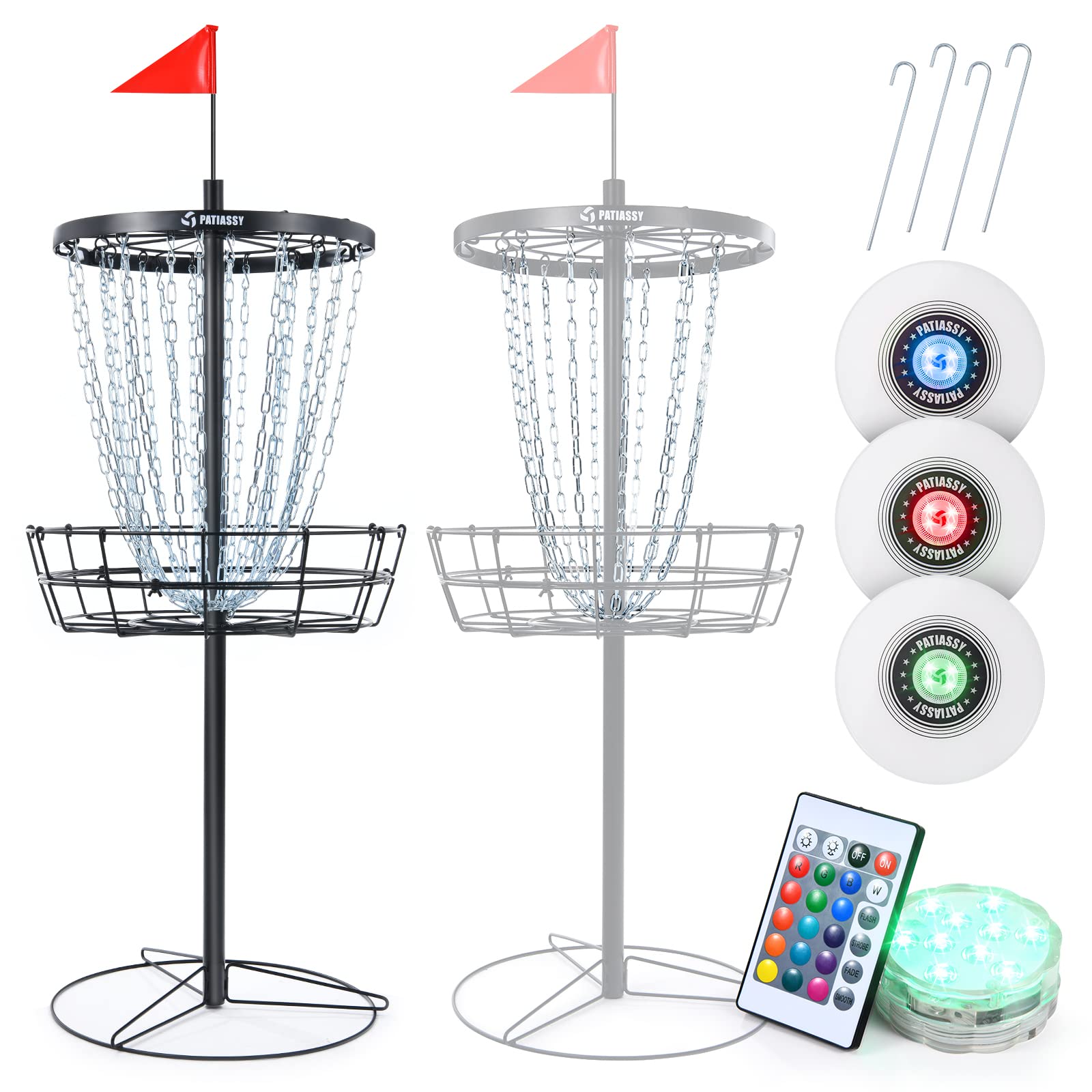Patiassy Portable Disc Golf Basket with 24/12 Chains for Two Difficulty Levels of Practice Golf Target for Disc Golf Night Practice