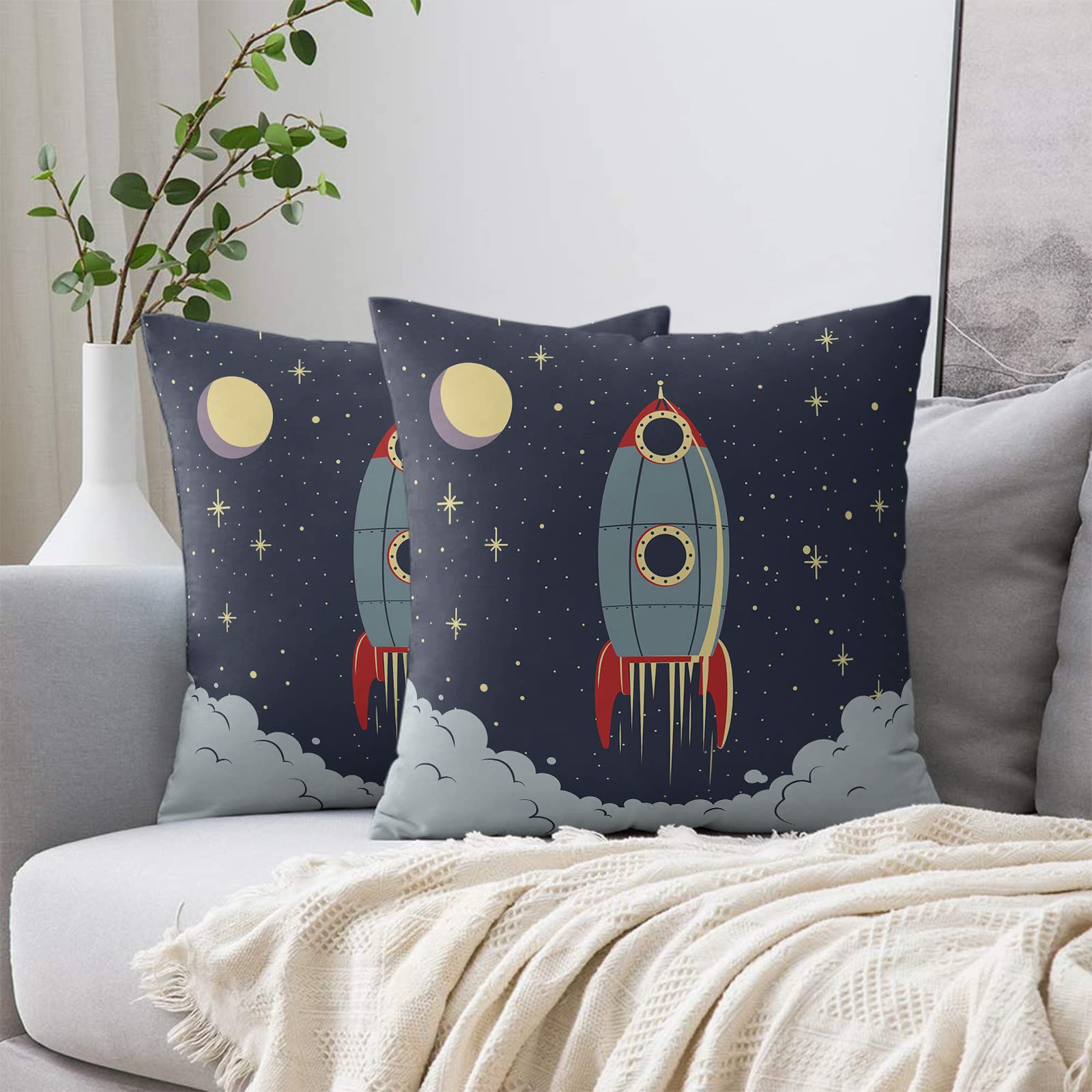 T&H XHome Rocket Throw Pillow Covers Kids Throw Pillowcase Outer Space Space Exploration Spaceship Sofa Bedroom Soft Decorative Square Pillow Cover Cushion Case for Boys Girls Birthday (18in x 18in)