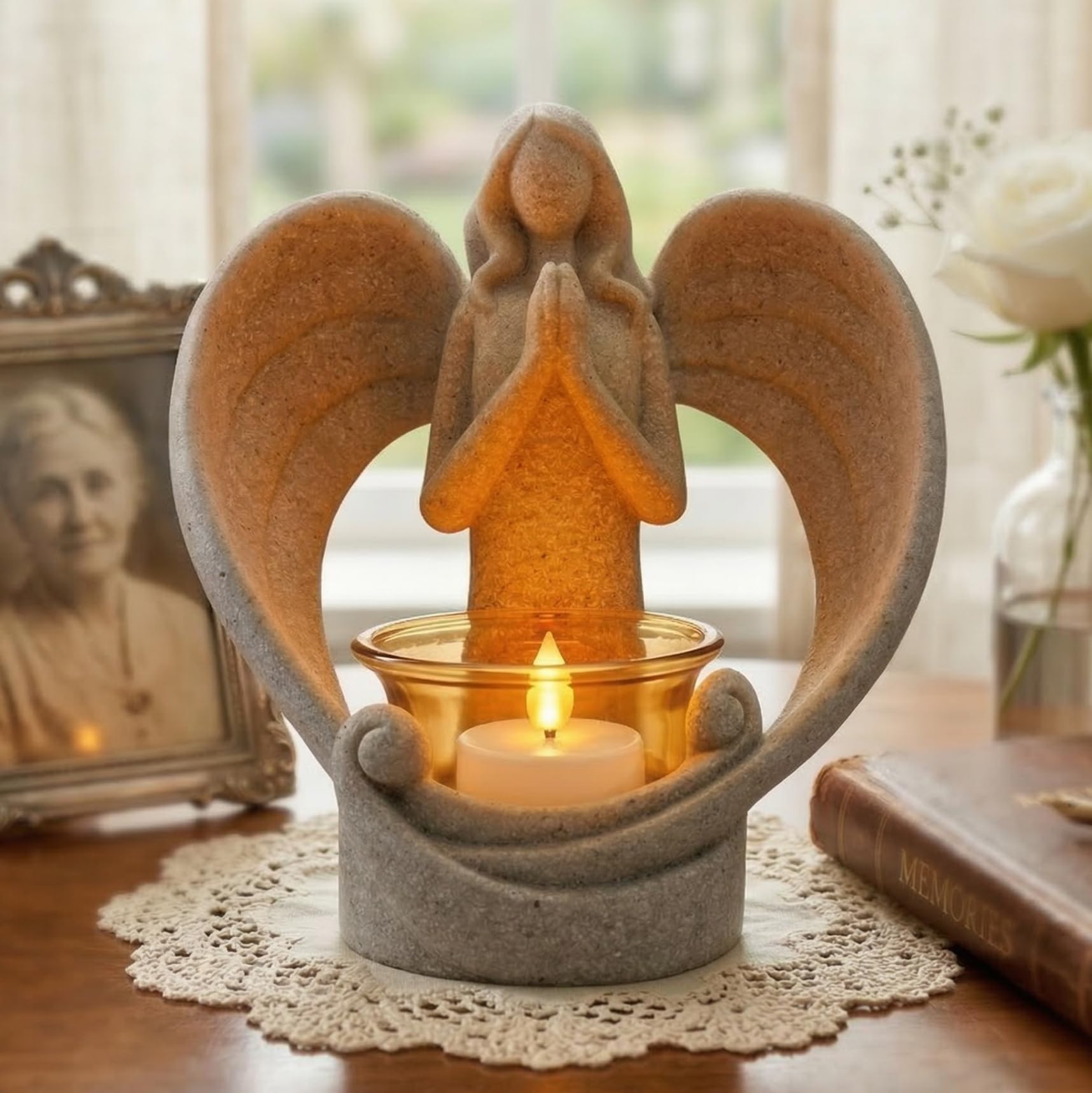 OakiWay Memorial Candle Gifts – Angel Figurines Tealight Candle Holder, Sympathy Gifts for Loss of Loved One, W/Flickering Led Candle, Bereavement, Grief, Funeral, Remembrance, Memory Home Decorations