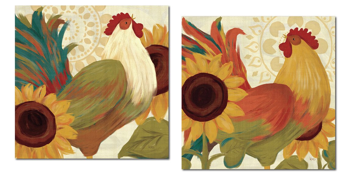 Wild Apple Colorful Bohemian Rooster and Sunflower Set by Veronique Charron; Country Decor; Two 30x30cm Poster Prints