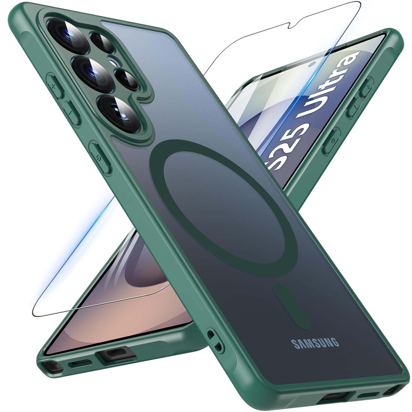 Hensinple Magnetica Cover per Samsung Galaxy S25 Ultra con Vetro Temperato, Compatibile con MagSafe, Custodia Samsung S25 Ultra Antiurto Traslucida Opaca Posteriore Sottile Resistente ai Graffi, Verde