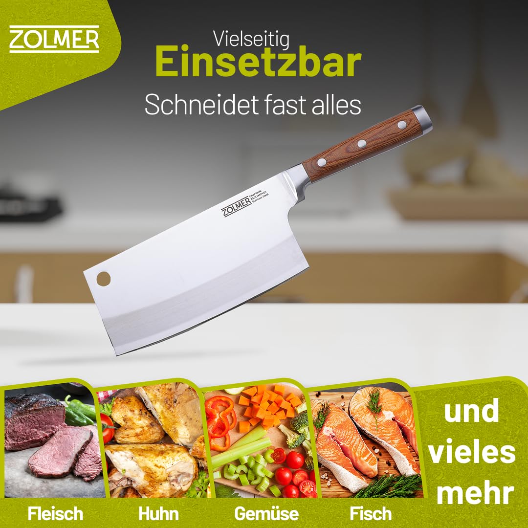 Hackmesser küche aus Edelstahl – Chinesisches Kochmesser für Fleisch & Knochen – Japanisches Profi Messer mit Holzgriff – Robustes Küchenbeil für Profis & Hobbyköche