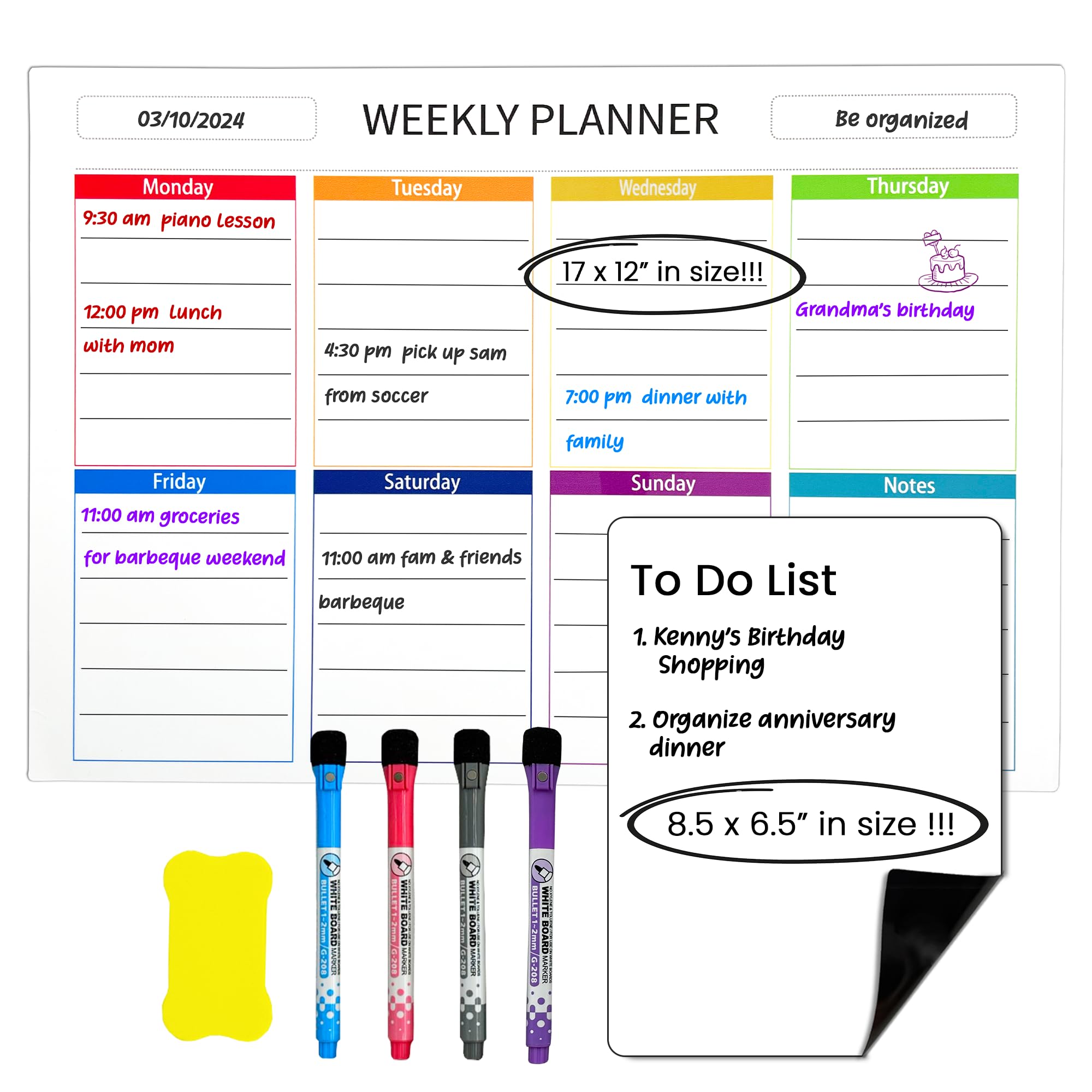 Artimiki Magnetic Weekly Planner 17 x 12 Inches - Large Grid Colorful Refrigerator Calendar with 4 Magnetic Markers, Eraser and Small Dry Erase Board