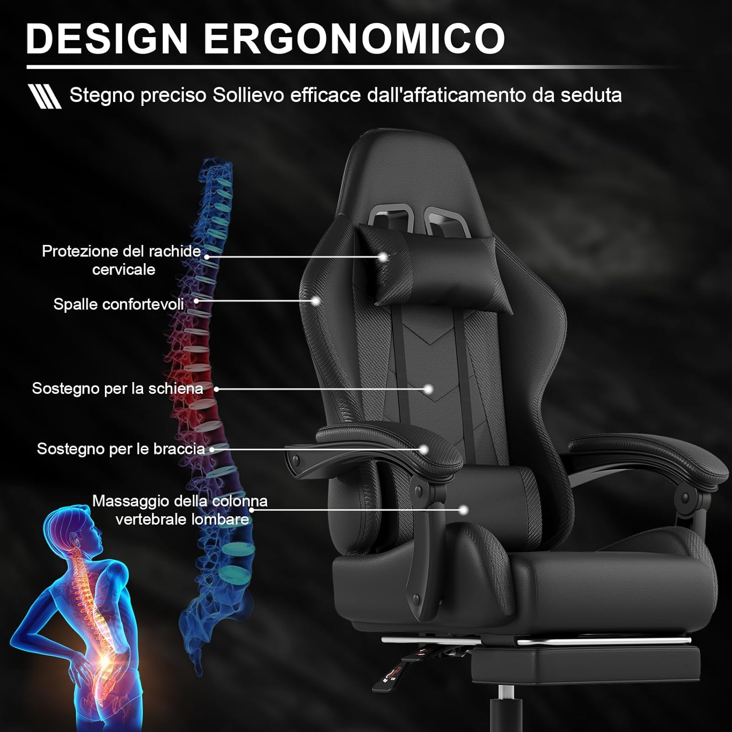 Sedia da Gaming Massaggiante con Poggiapiedi Telescopico - Sedia gaming - Immagine 4