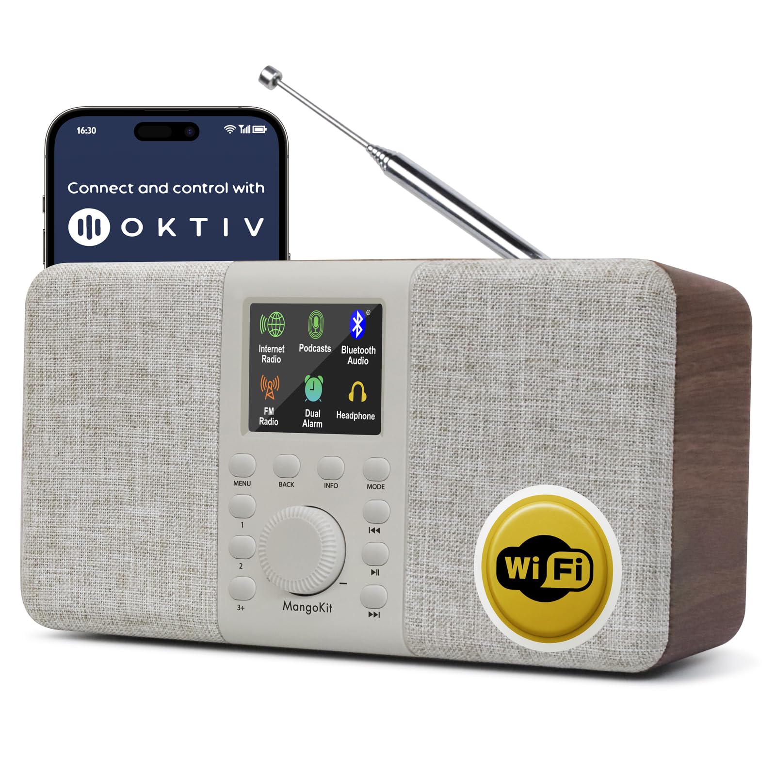 SR20 Stereo Smart Internet Radio with WiFi,Podcast Player, Bluetooth Speaker,Portable FM Radio,Mains and Battery Powered Radio,Color Display,Dual Alarms, Presets,App Control-Walnut