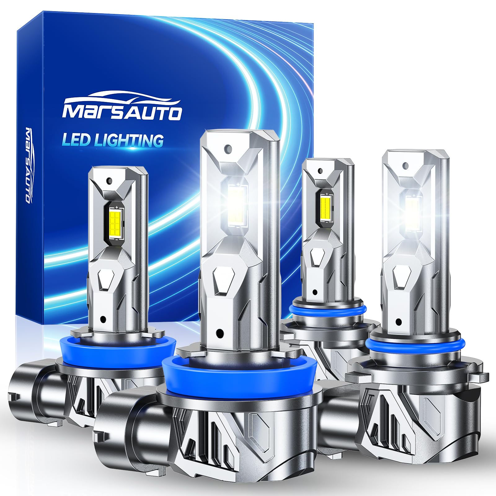 Marsauto H11 9005 LED Headlight Bulbs Combo, 80000LM Super Bright 9005/HB3 H11 LED Headlight Bulb Kit, 6500K Cool White Halogen Replacement, 3min Plug and Play, IP68, Pack of 4