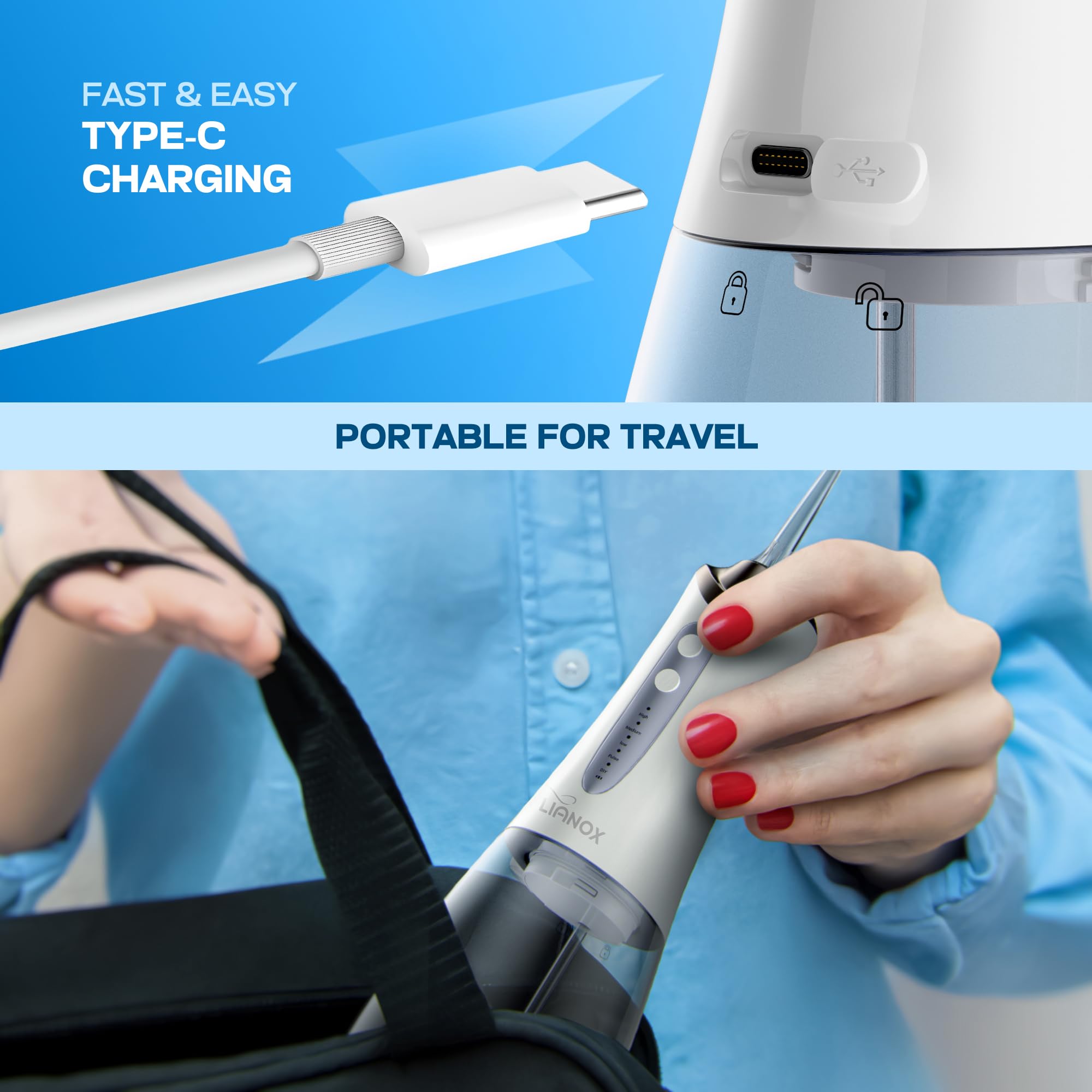 Idropulsore senza fili per la pulizia dei denti - Irrigatore orale con serbatoio staccabile da 300 ml con 5 punte e 5 modalità, impermeabile IPX7, plettro dentale ricaricabile USB per bretelle