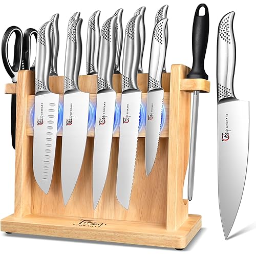 Japanese Knives Set for Kitchen, Magnetic Knife Set with Block and Sharpener, Stainless Steel Knife Set as Gift for Couple, Wedding, Women or Mom with Gift Box, 14 PCS Black Dot