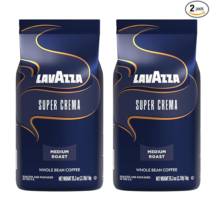 Lavazza Super Crema Whole Bean Coffee Blend, Medium Espresso Roast, 4.4 .lbs, 2 Pack
