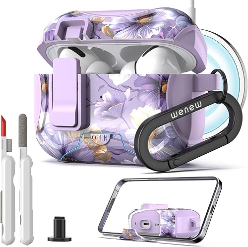 wenew Funda compatible con AirPods Pro de 21 generación con soporte para teléfono, kit de limpieza, cordón, compatible con Magsafe One-Click Pop