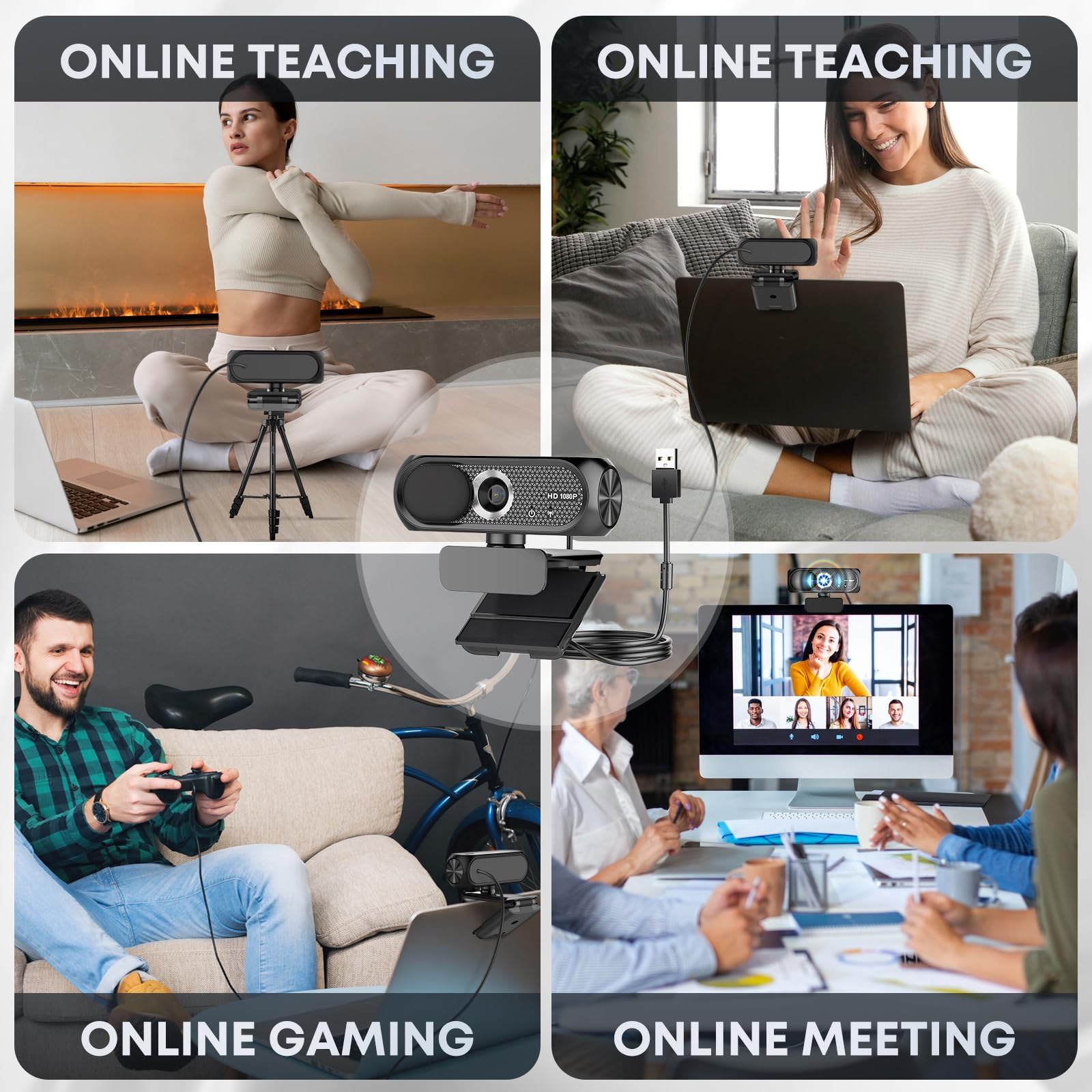 Cámara web HD 1080P con micrófono, cancelación de ruido, cubierta de privacidad, lente gran angular, corrección automática de luz, cámara web USB Plug & Play para laptop, computadora, PC, Mac