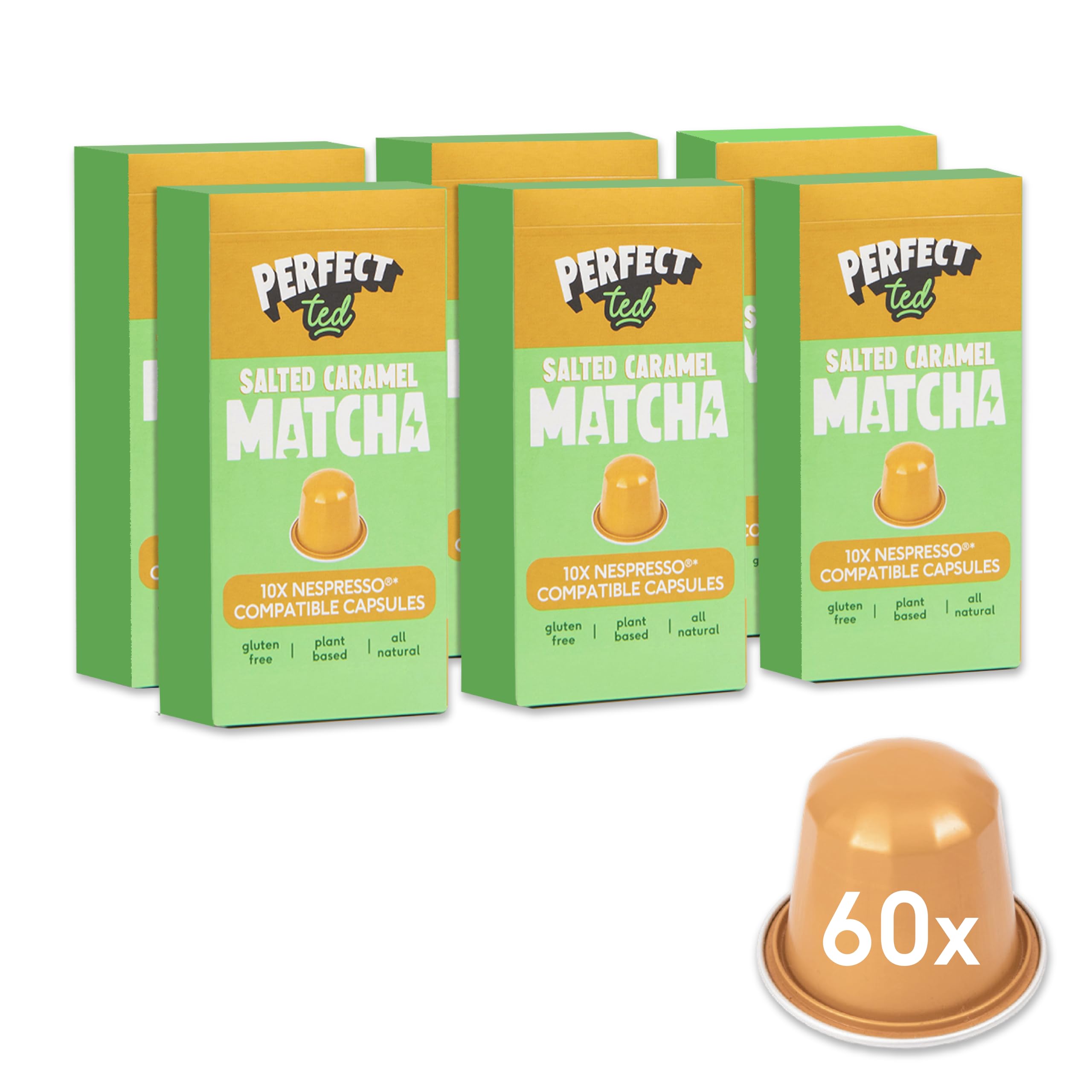 PerfectTed Salted Caramel Matcha Pods, Ceremonial Grade Japanese, 60 Nespresso Compatible Capsules, Quick & Easy Sweet Lattes | with L-Theanine | Natural Flavour | Vegan