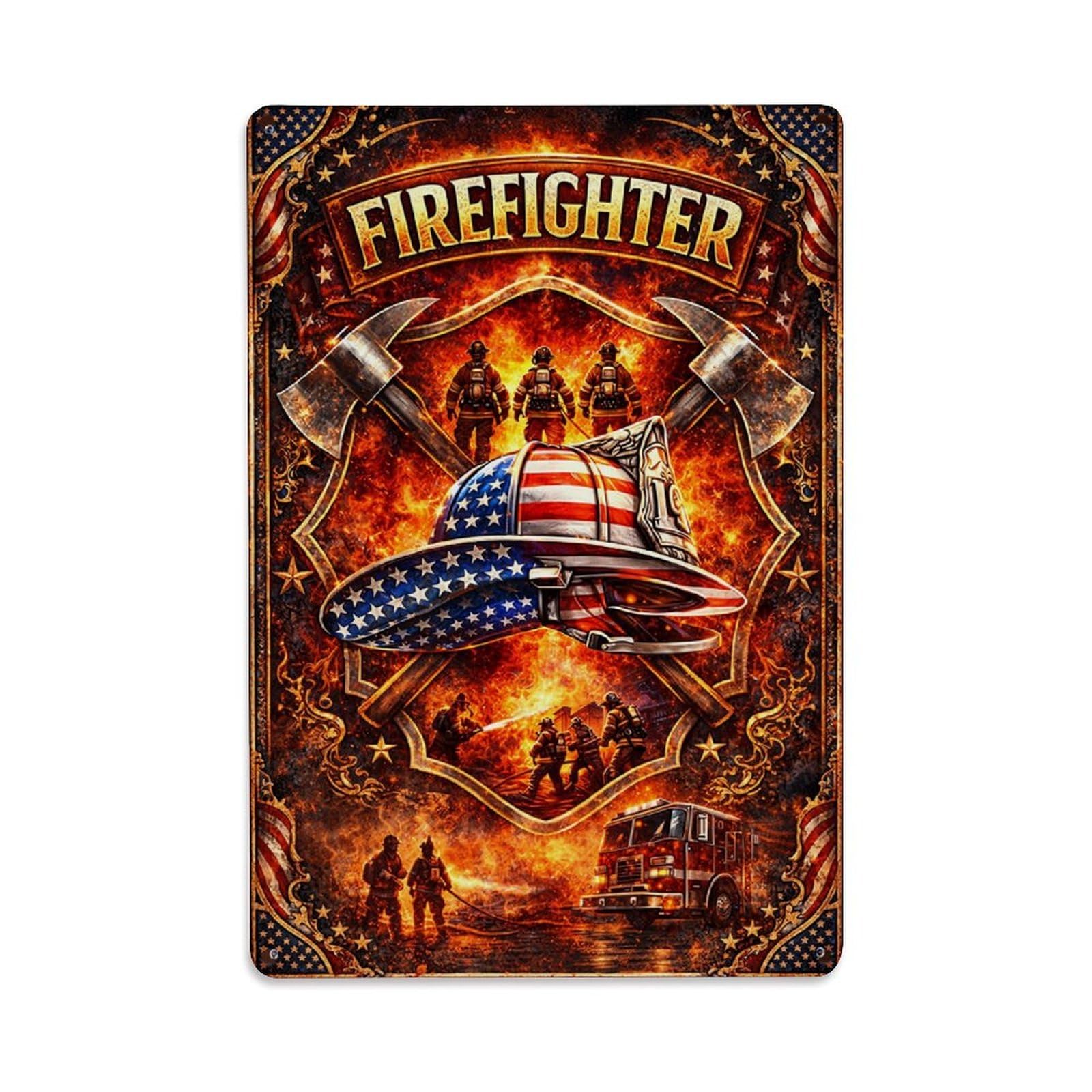 Firefighter Helmet Axes Flames Tin Sign Vintage Metal Sign, Living Room,BAR, Home, Bedroom Wall Decor,Retro Metal Poster 8X12 Inches