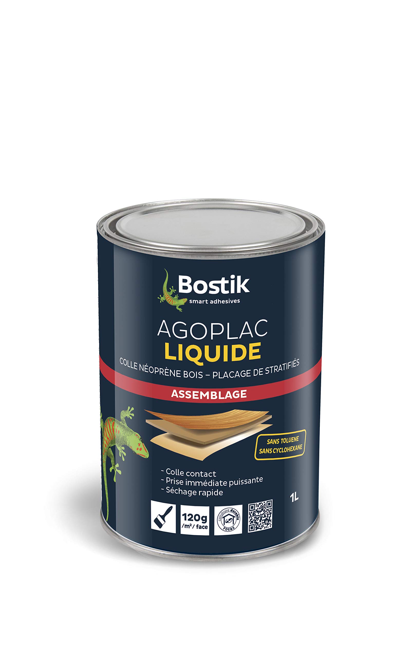 Bostik Agoplac Liquide – Colle Contact Néoprène Haute Performance – Prise Immédiate – Haute Tenue Thermique – Placage à Froid Pour Stratifiés, Bois, Caoutchouc, Métal – Sans Toluène – 1 L