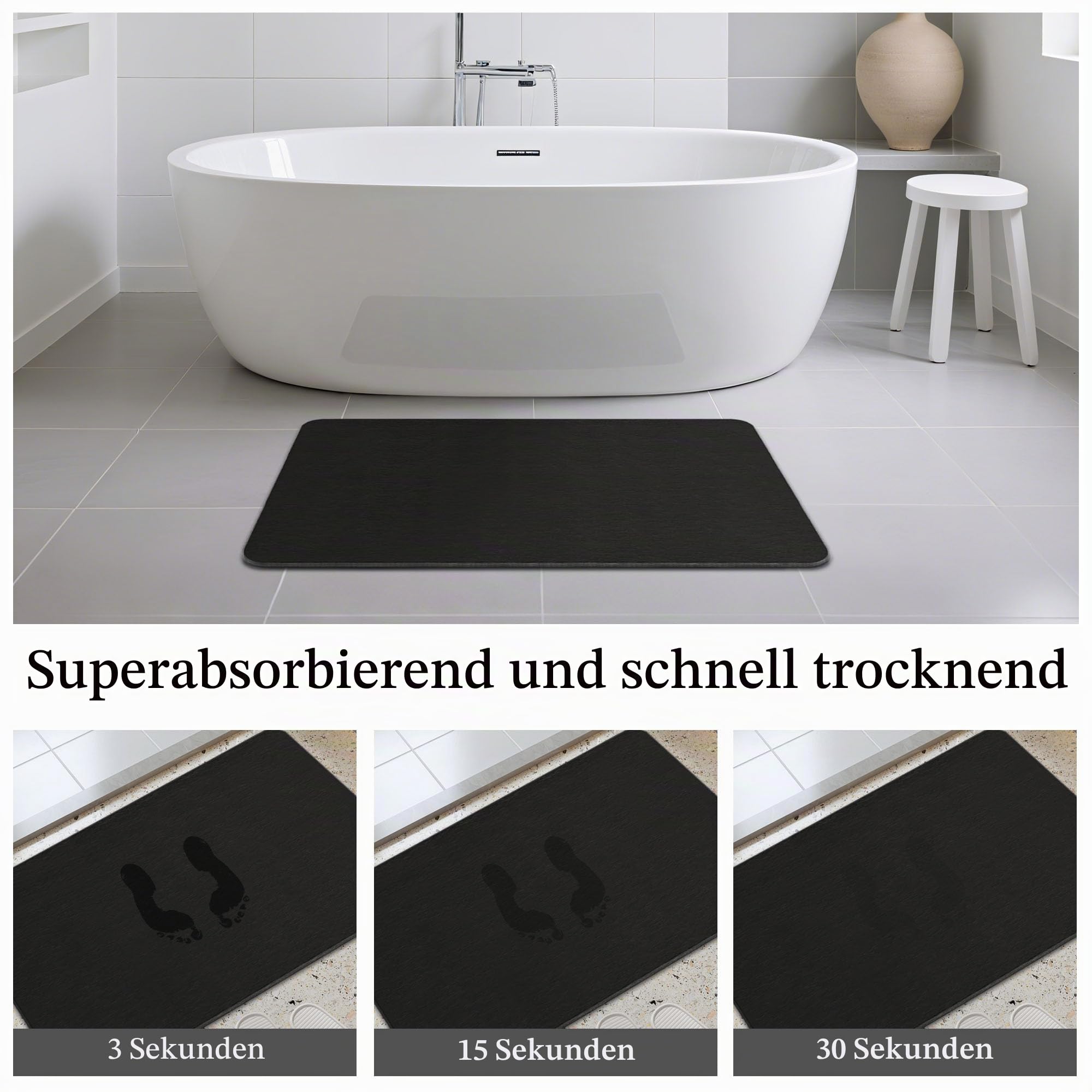 THMINS XXL Stein-Badematte aus Kieselgur für Dusche, 80 x 50 cm, Schwarz | Stark saugfähig, schnelltrocknend, rutschfeste Unterlage, pflegeleicht, für Dusche und Badezimmer