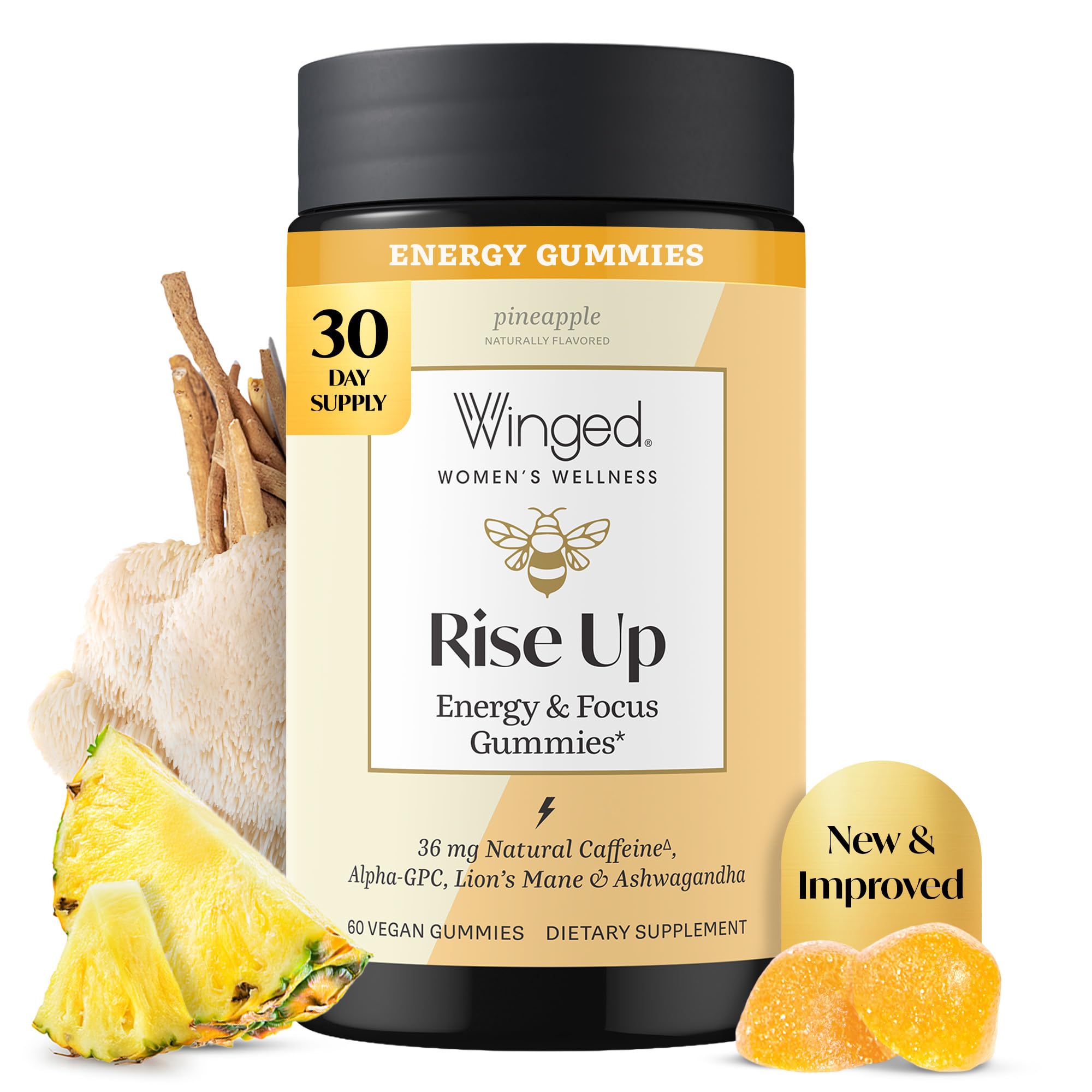 Winged Wellness Suplemento para Energia com cafeína, ashwagandha, vitamina B12 e Lion’s Mane, 36 mg, 60 gomas