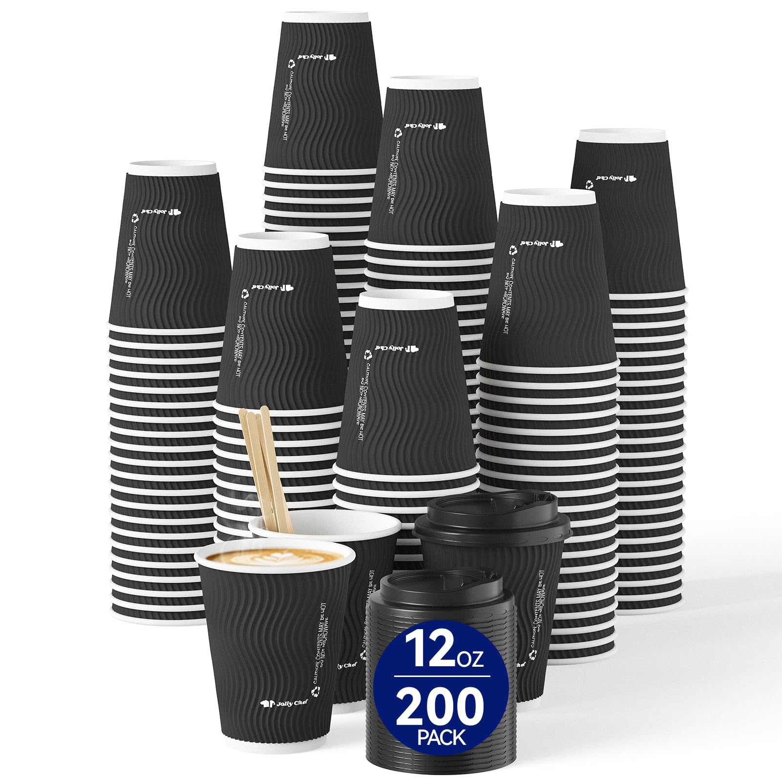 JOLLY CHEF 12oz Ripple Paper Coffee Cups with Lids & Stirrers 200 Pack