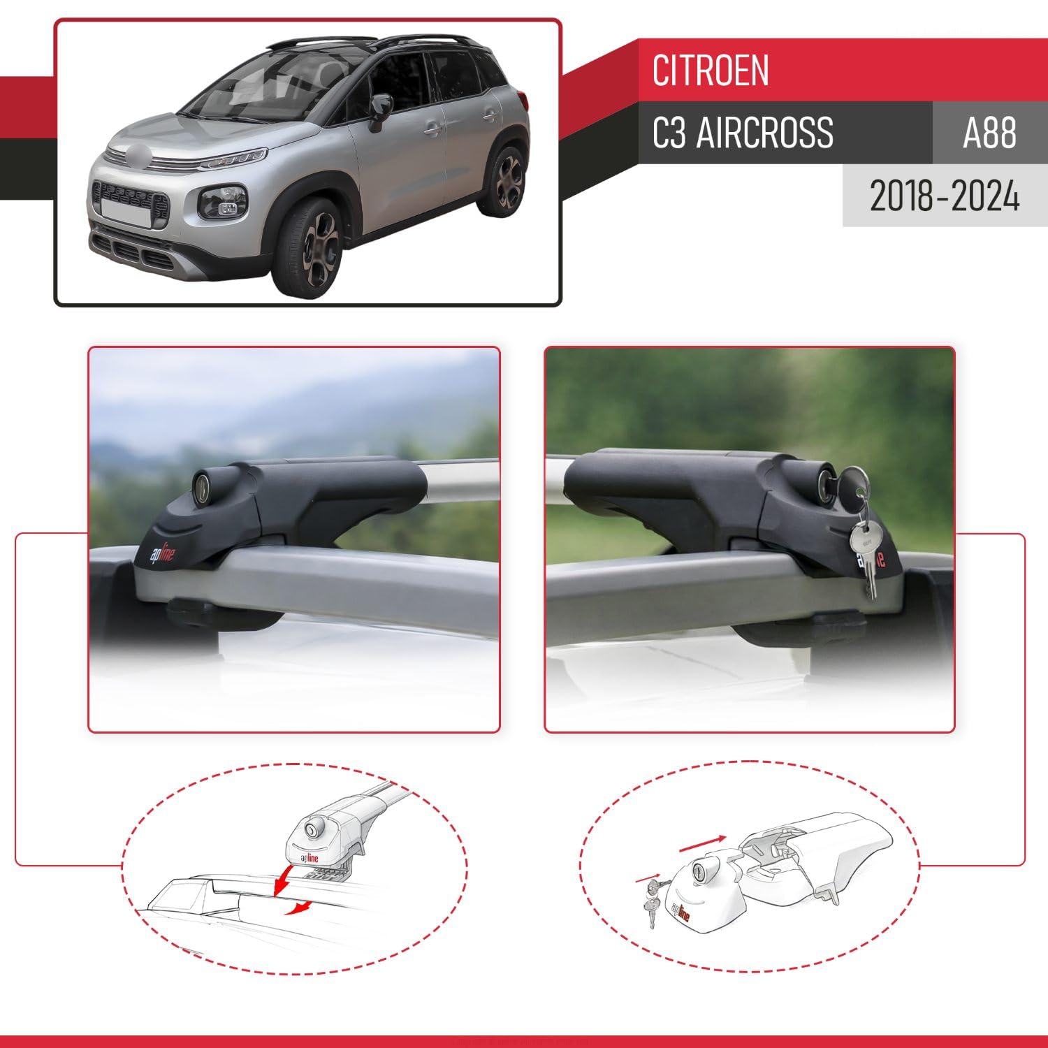 Compatible con Citroen C3 Aircross (A88) 2018-2024 Modelo Ace-1 Barra de Techo Auto Portaequipajes Barras Transversales Gris Aluminio 2 Barras