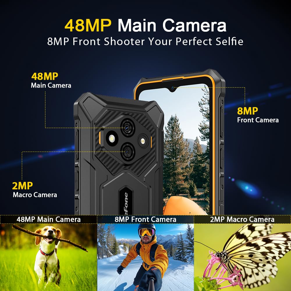Ulefone RugKing 3 Pro Android 15 Rugged Smartphone 4G,16GB+128GB/TF 2TB, 6.56" HD+120Hz, 5700mAh Telefono Indistruttibile, 48MP+8MP, 120LM Super Torcia, 3-Slots/IP68/NFC/GPS/OTG/Con custodia,Nero