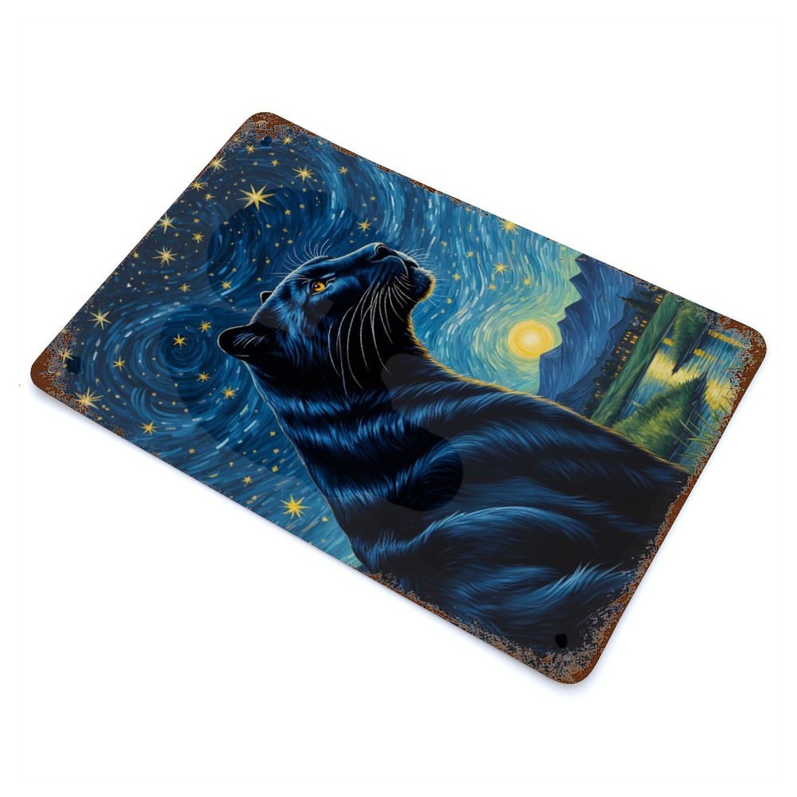 Animal Panther Starry Night Rusty Metal Tin Sign 11.8"x7.9", for Basement, Hobby Room And Garage Decor, Retro Wall Decor