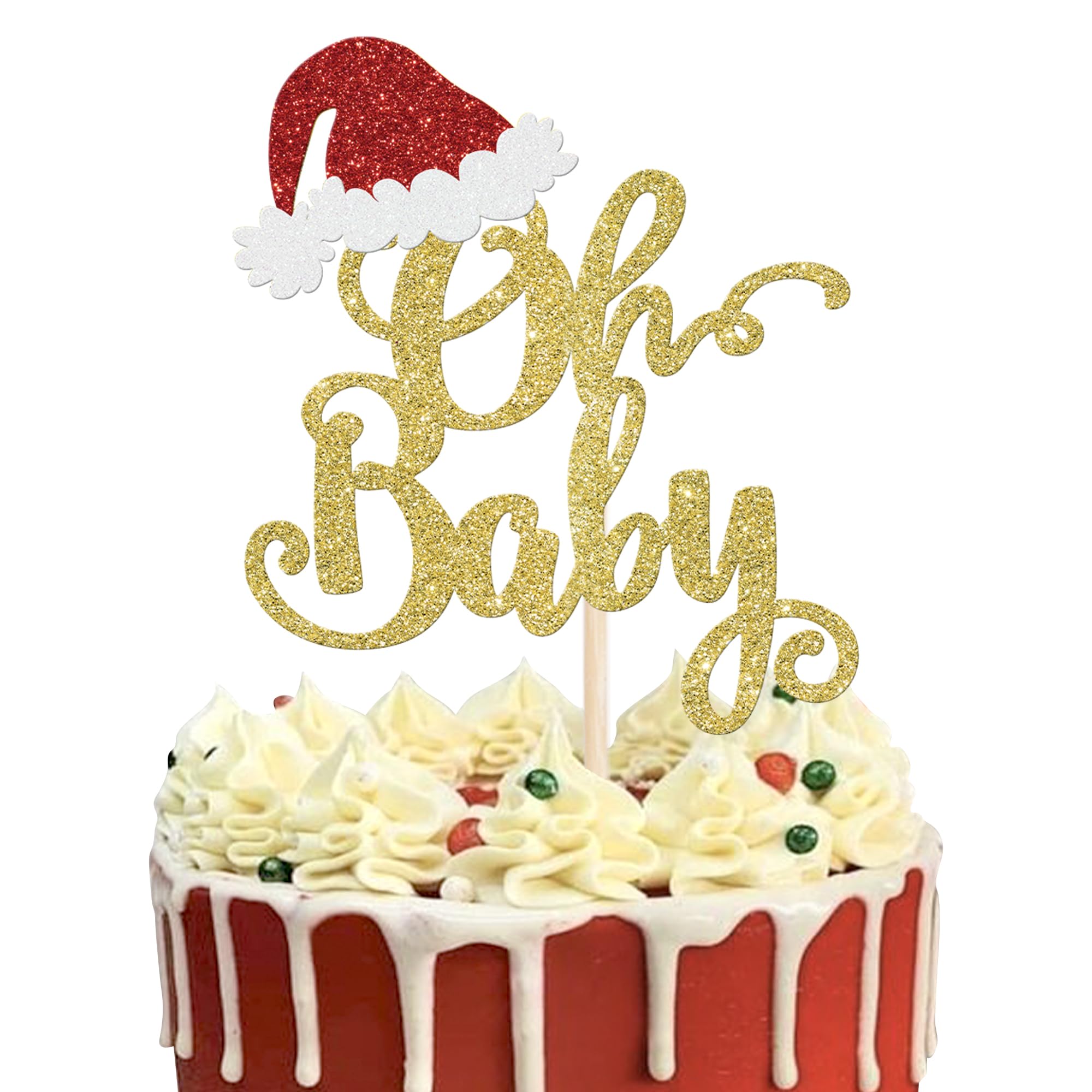 Rsstarxi 1 Pack Christmas Oh Baby Shower Cake Topper Glitter Santa Hat Cake Pick for Merry Christmas Theme Kids Birthday Party Cake Decorations Gold