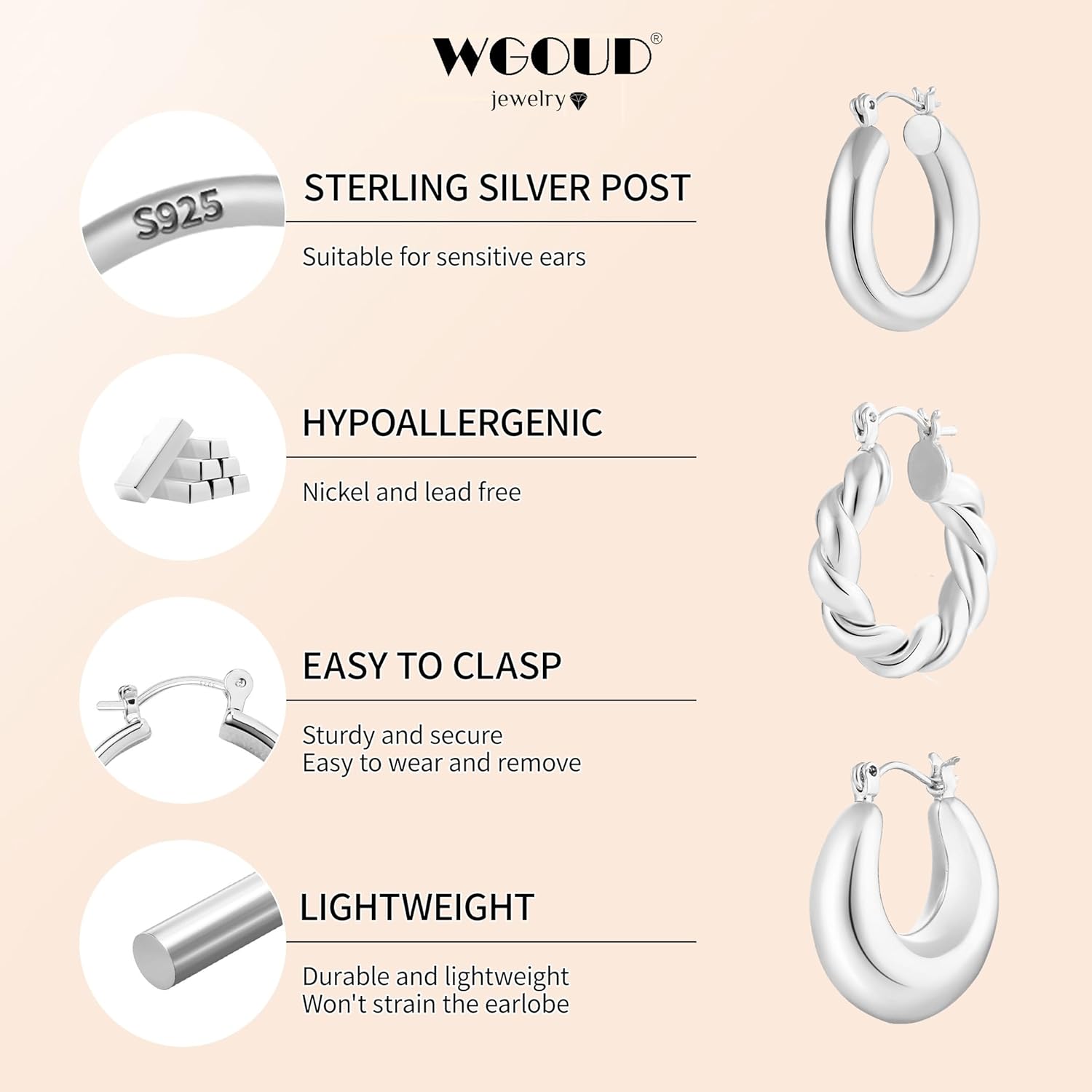 WGOUD 3Pairs 14K Gold Plated Chunky Hoop Earrings Set for Women, Trendy Hoop Earring 925 Sterling Silver Post - Hypoallergenic Thick Lightweight Twisted Hoops Dainty Gold Earrings for Women Jewelry Gifts - Image 3
