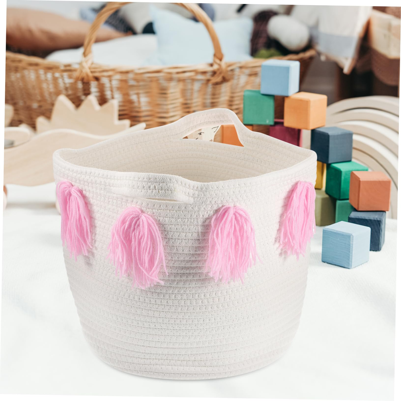 IMIKEYA Cesta Organizadora de Escritorio de Cuerda de Algodón Rosa | Estilo Nórdico Simple, Flecos de Tassel, para Almacenamiento Doméstico y Decoración del Hogar