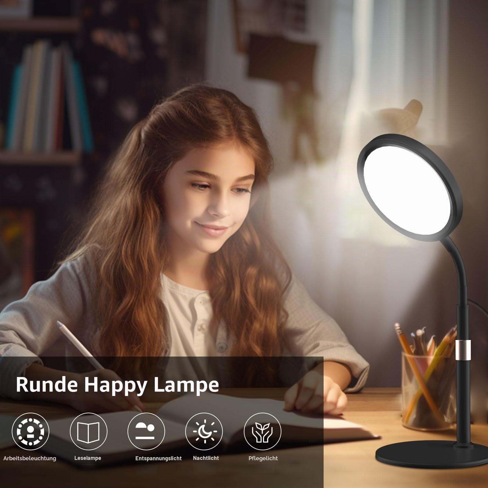 Tageslichtlampe Tageslichtlampen, 10000 Lux Lampe mit 3 Lichtfarben und 9 Einstellbaren Helligkeiten und 3 Timer, Tageslicht Daylight (Schwarz)
