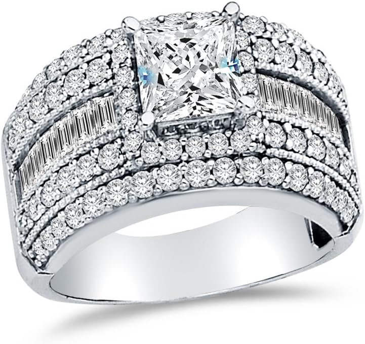 Solid 14k Yellow -OR- White Gold Princess Cut Wedding Engagement Ring with Side Stones, CZ Cubic Zirconia (3 ct.)