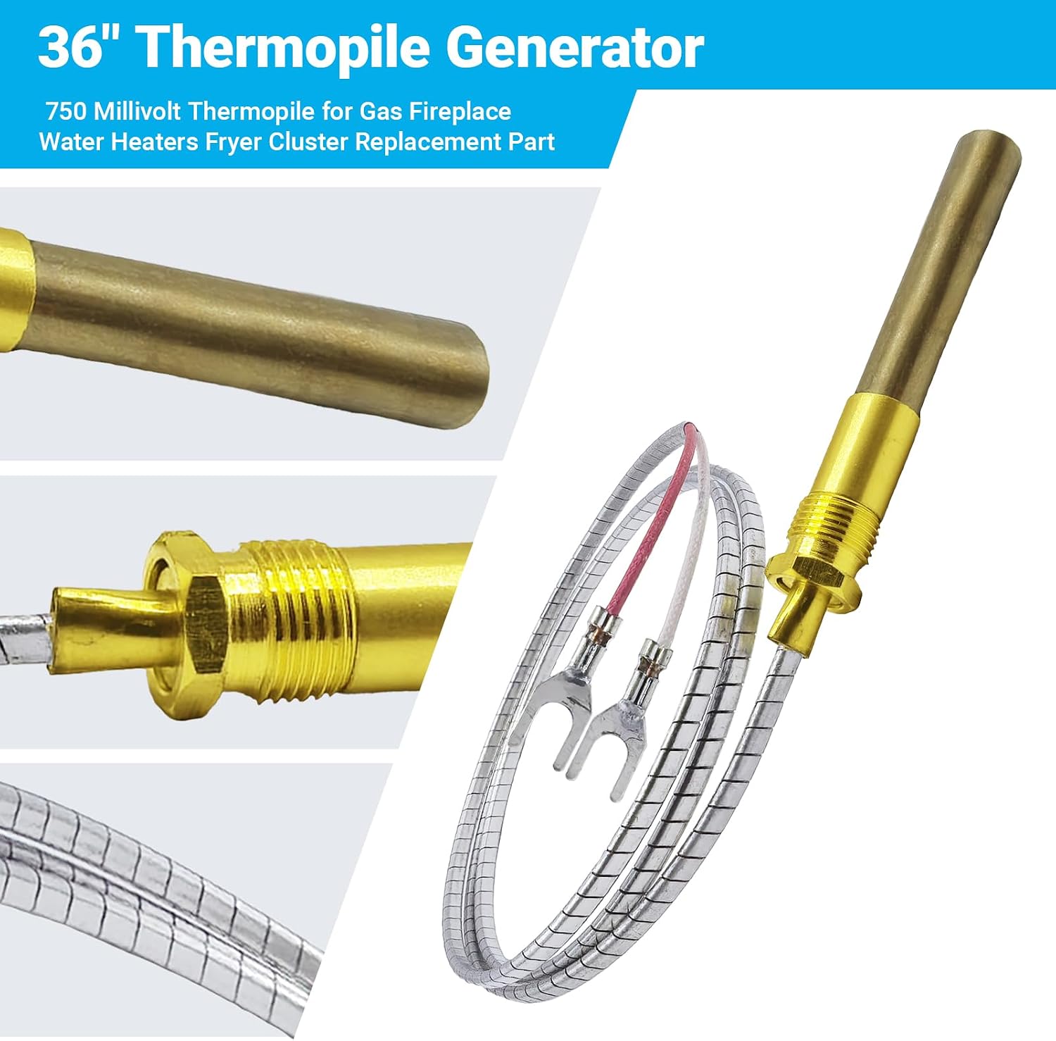 36Inch 750 Millivolt Universal Thermopile Generator for Gas Fireplace, Water Heater, Oven, Fryer - Self-Powered Pilot Safety Sensor, 1-Pack Replacement for Q313A, 60125501, 1950-001 Models