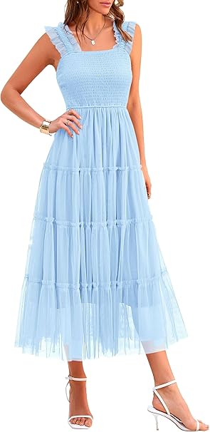 PRETTYGARDEN Women's Summer Tulle Midi Dress Sleeveless Smocked Ruffle Mesh Flowy Dresses Party Wedding Guest Sundress