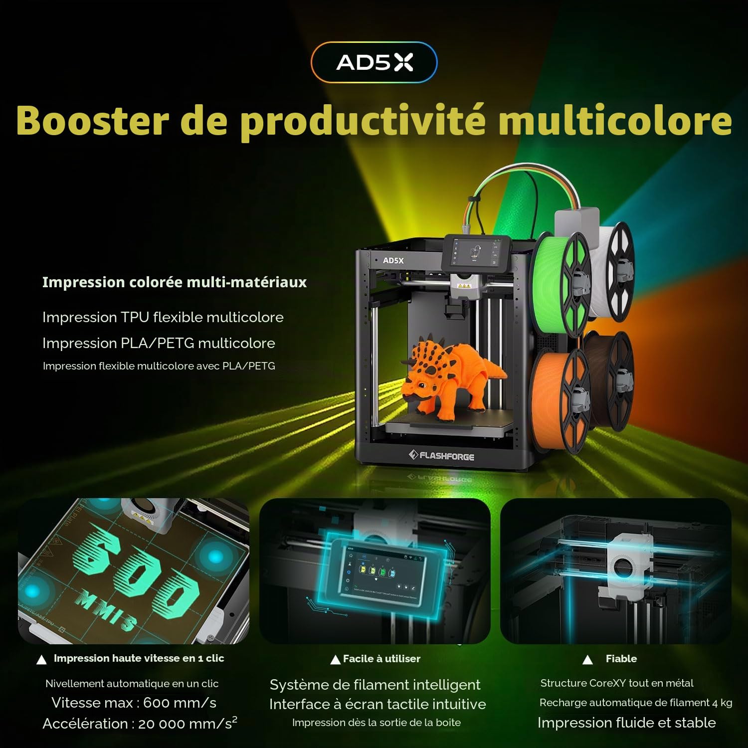 FLASHFORGE AD5X Imprimante 3D multi-matériaux, multicolore, vitesse 600 mm/s, impression en 1 clic, créations IFS, calibrage automatique, sauvegarde filaments