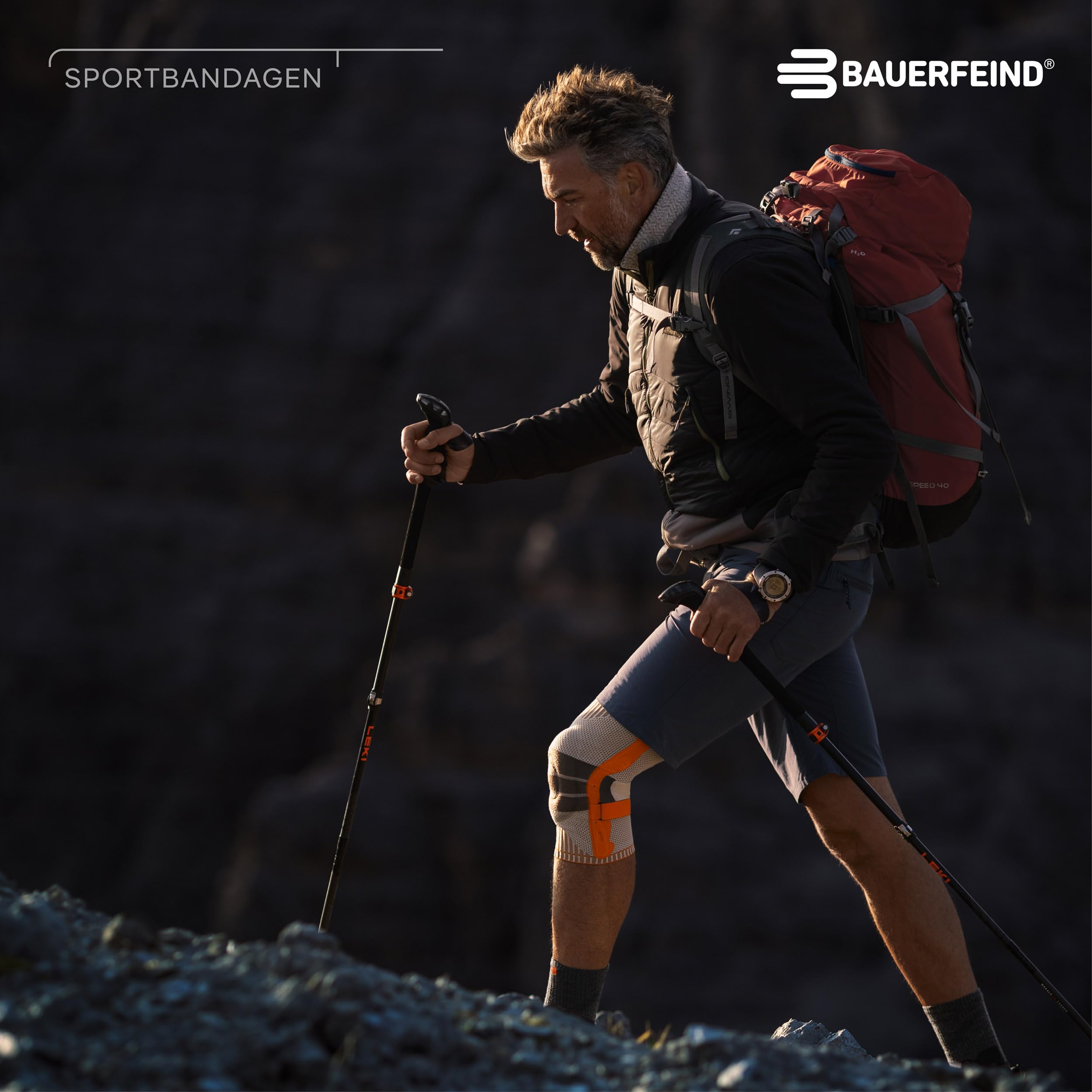 BAUERFEIND Kniebandage zum Wandern „Outdoor Knee Support“, 1 Unisex Wanderbandage zur Wanderausrüstung, Rechts & Links tragbar, Individuell einstellbarer Strap, Merino Wolle