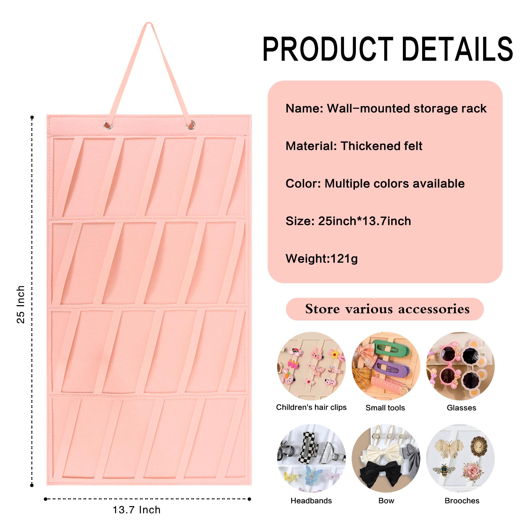 VRbeatter Pink Hanging Hair Claw Clips Organizer Holder, Wall/Door/Closet Storage, 64*35cm, Holds Many Banana Hair Clips & Accessories