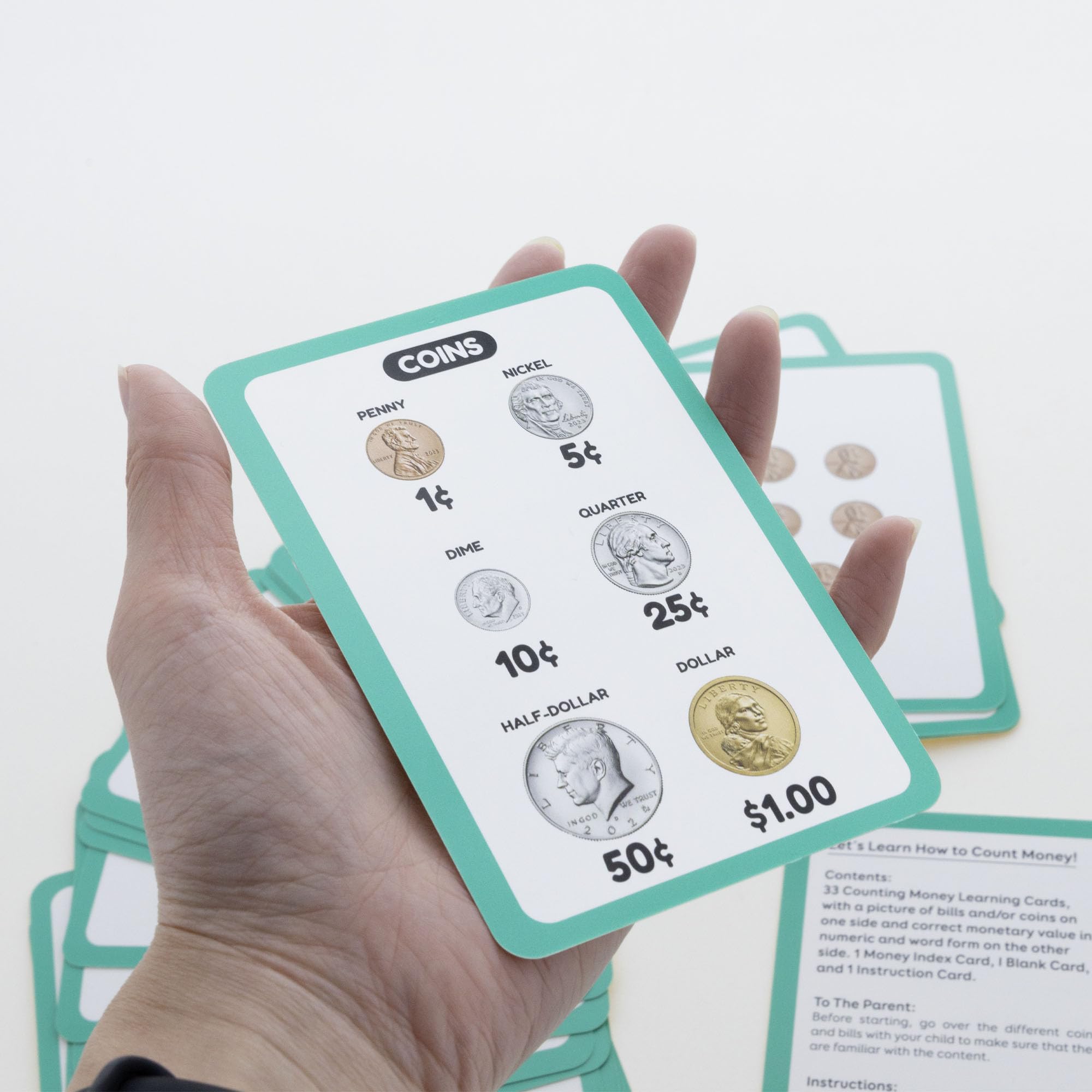 BAZIC - Schede flash per imparare a contare denaro, riconoscere banconote e monete valuta USA, gioco di apprendimento interattivo, flashcard per scuola materna e casa (confezione da 36), confezione da