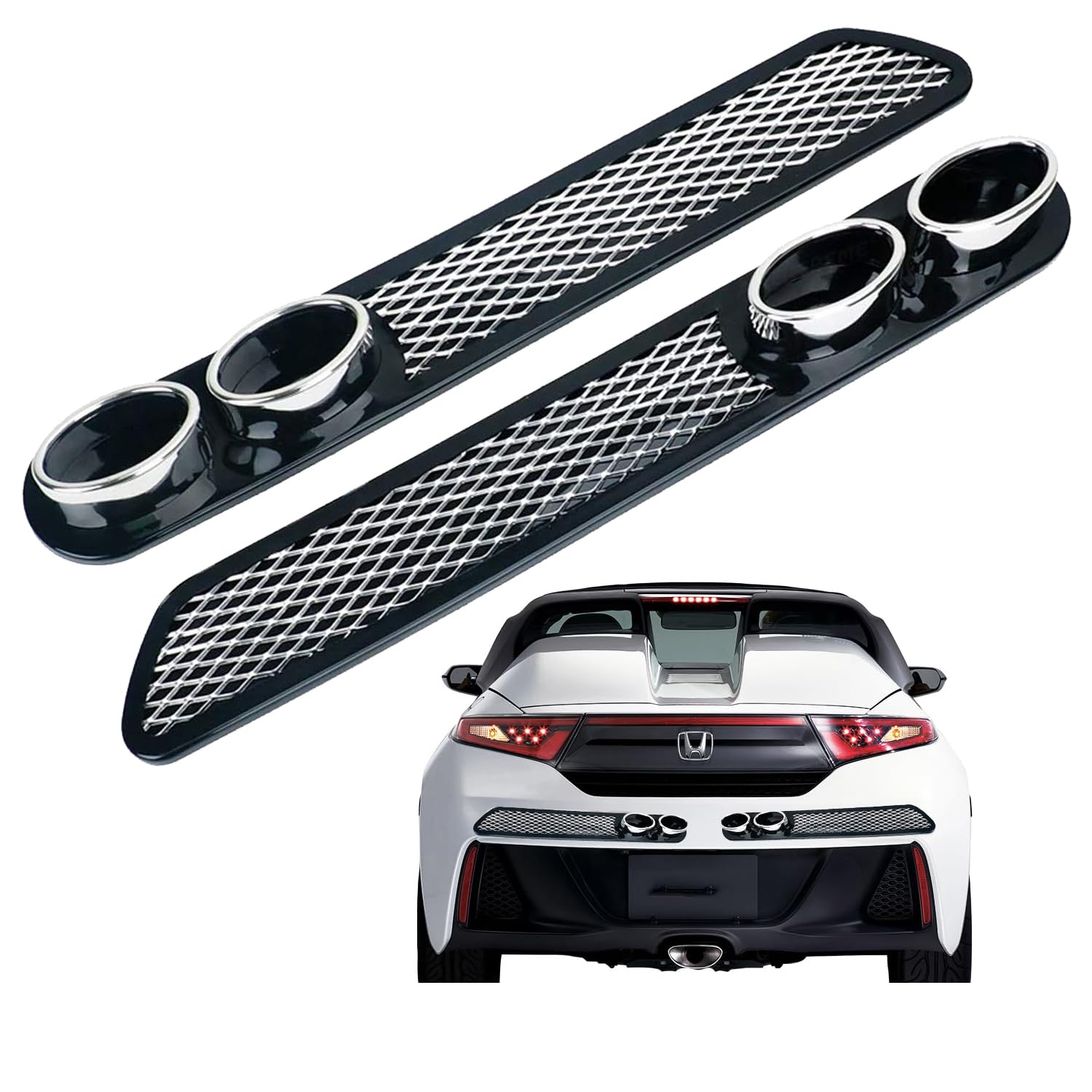 AllExtreme EX3DCR2 Car Double Cylinder Exhaust Sticker 3D Simulation Grid Tail Pipe Rear Bumper Vent Fender Styling Decal, Dual Tip Bumper Lip, Exhaust Pipe Protector for SUVs (2 Pcs)