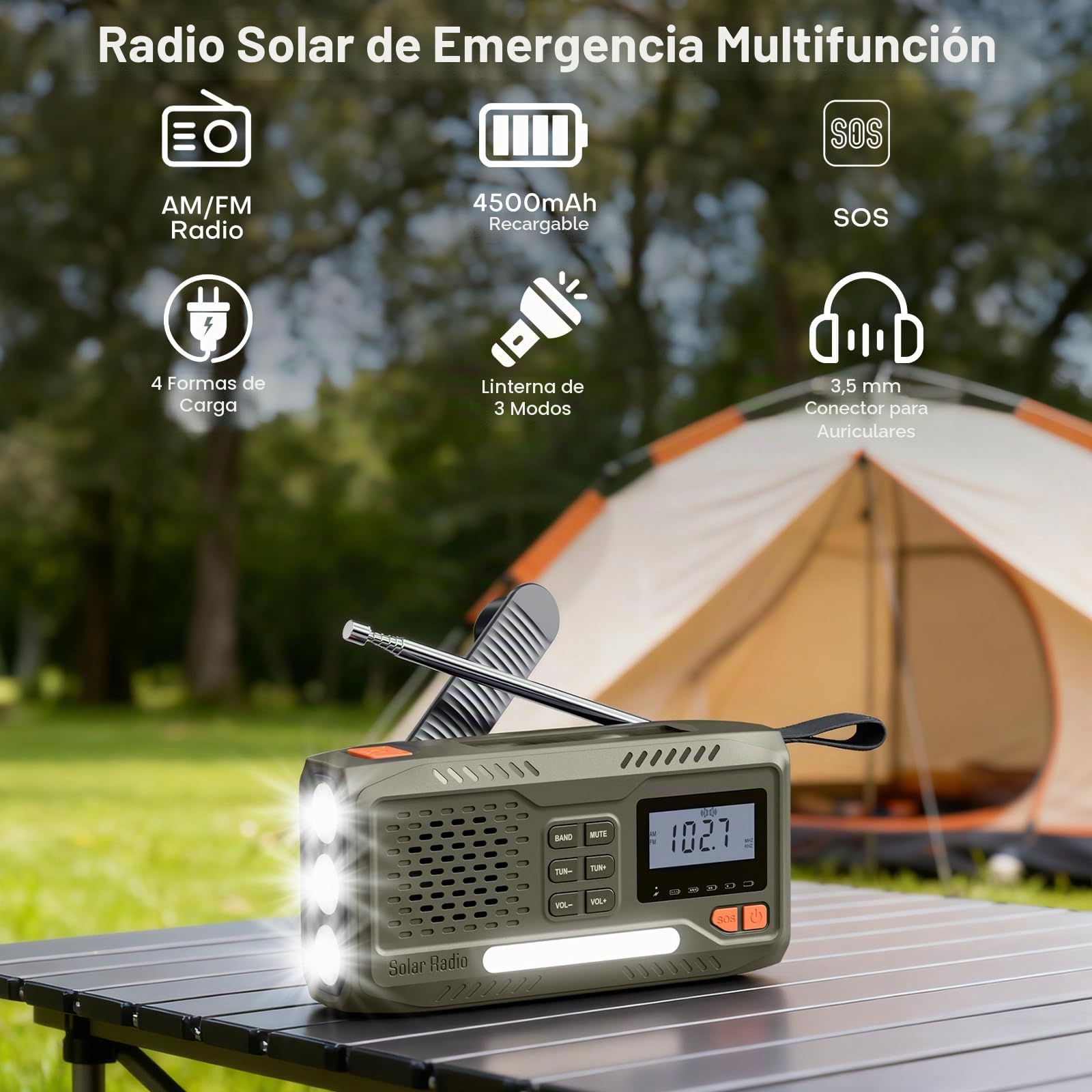 Radio Solar de Emergencia,Radio a Pilas Portatil Batería de 4500 MAh,Am/FM Radio Emergencia con Manivela,Pantalla, Kit de Emergencia Que Incluye Linterna,SOS Alarma y Cargador de Móviles USB