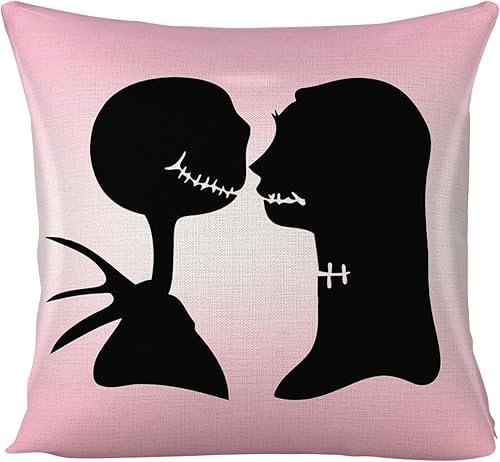 Funda de almohada rosa con diseño de Jack y Sally para sofá, cama, diseño de Jack Sally Silhouette para sala de estar, dormitorio, funda de cojín de