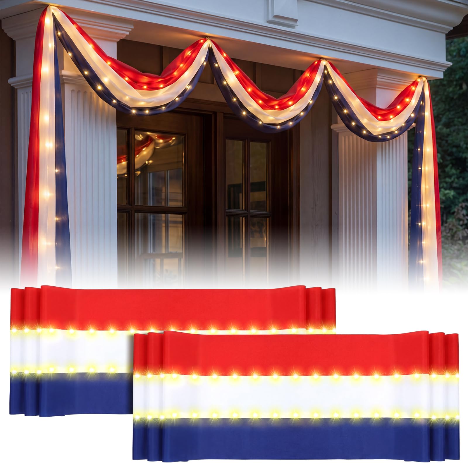 tegeme 2 pack 20 ft x 1.6 ft lighted american bunting flag red white blue patriotic banner american flag lights for veterans day outside yard decor(stripes)