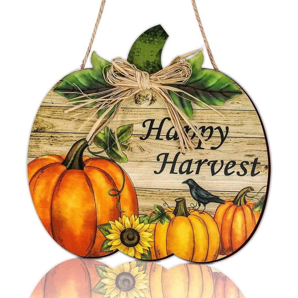 CNAFGBGG Fall Wooden Pumpkin Sign Thanksgiving Door Wreath 11.8'' Happy Harvest Decorative Plaque for Indoor & Outdoor..