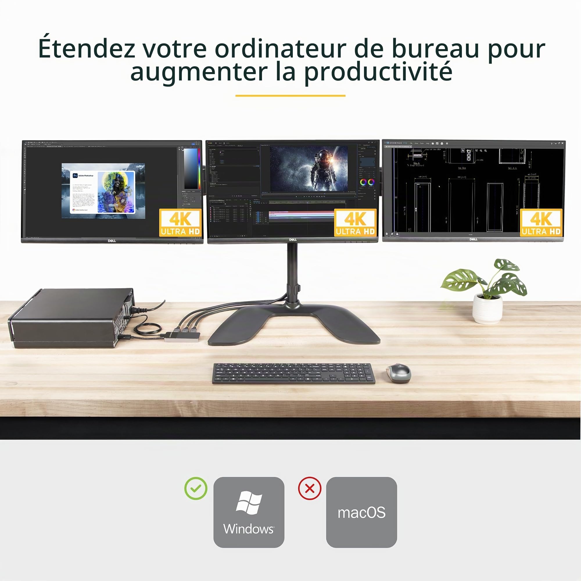 StarTech Hub MST DP 1.4 vers 3x DP, 2x 4K 30Hz et 1x 4K 60Hz, Windows