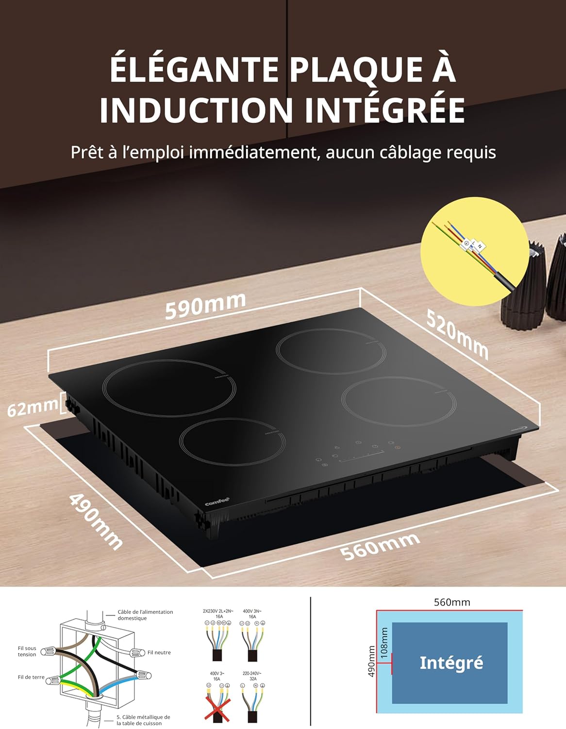 Diagram showing cooktop dimensions and electrical wiring connections.