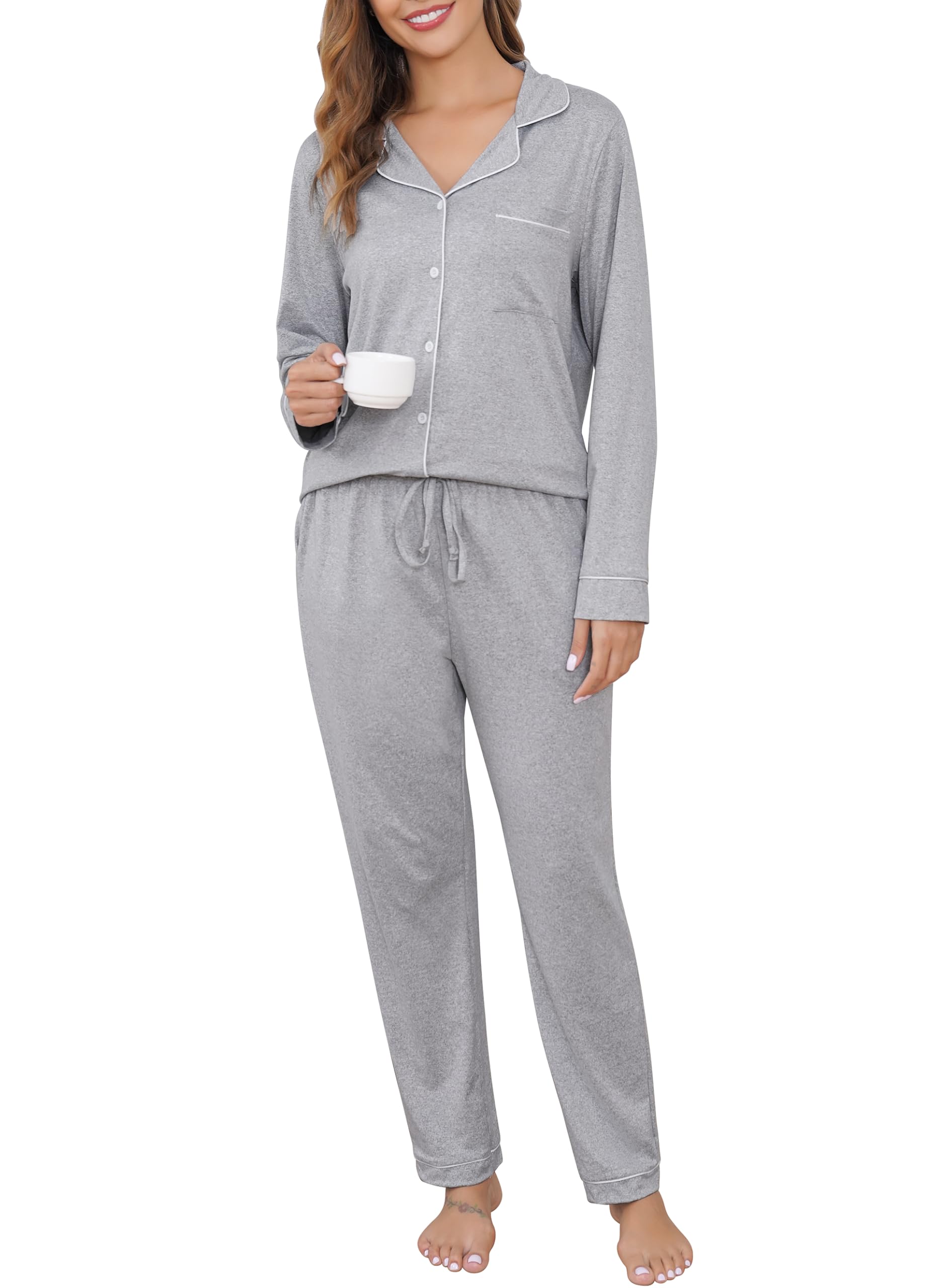 Womens Pyjama Sets Long Ladies PJs Button Up Long Sleeve Soft Sleepwear Cosy Loungewear Sleepwear with Pockets S-XXL