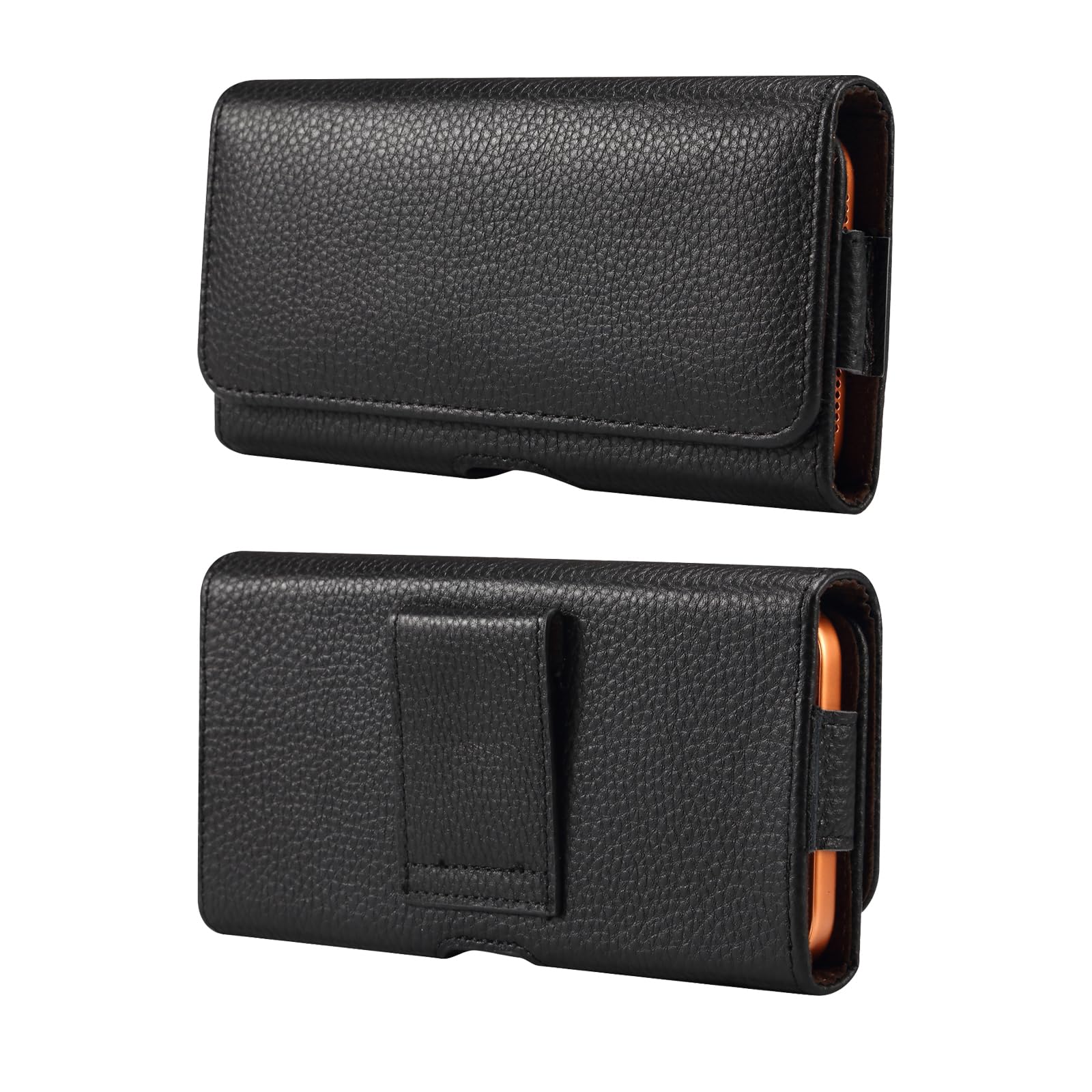 Cell Phone Waist Holster Leather Black, Mobile Phone Holster with Belt Loop, Horizontal Phone Belt Clip Pouch Leather Smartphone Waist Bag Wallet Purse Sport Hiking Camping Travel Handbag Carry Case