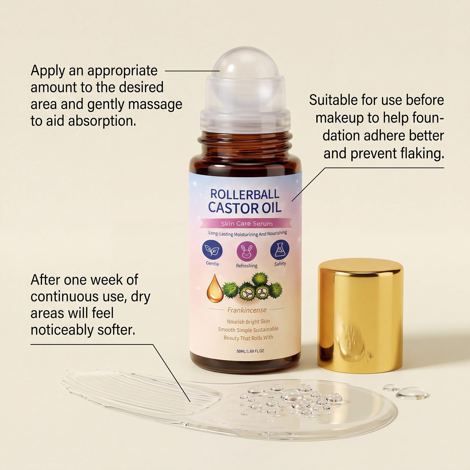 Organic Castor Oil Rose Quartz Roller Ball, Deep Hydration Skin Moisturizer, Castor Oil Roll On do twarzy, ciała, włosów, ujędrnienia i gładkiej skóry - Do wszystkich rodzajów skóry