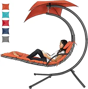 Best Choice Products Outdoor Hanging Curved Steel Chaise Lounge Chair Swing w/Built-in Pillow and Removable Canopy, Orange